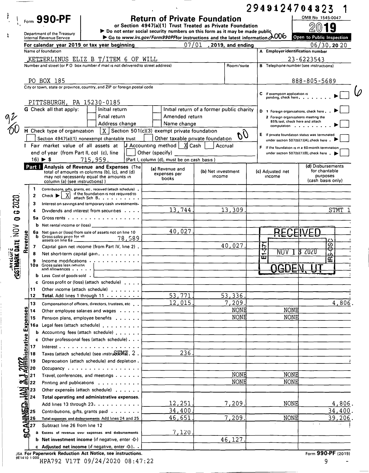 Image of first page of 2019 Form 990PF for Ketterlinus Eliz B Titem 6 of Will