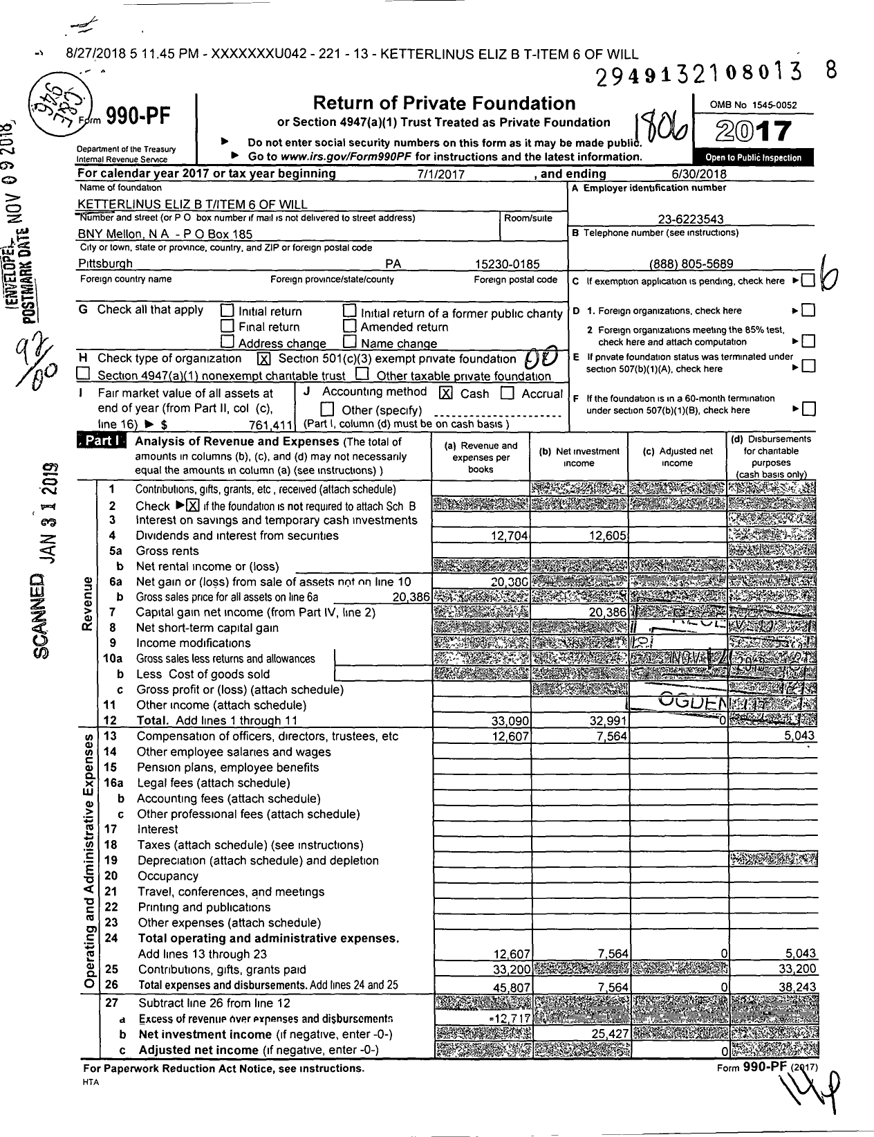 Image of first page of 2017 Form 990PF for Ketterlinus Eliz B Titem 6 of Will