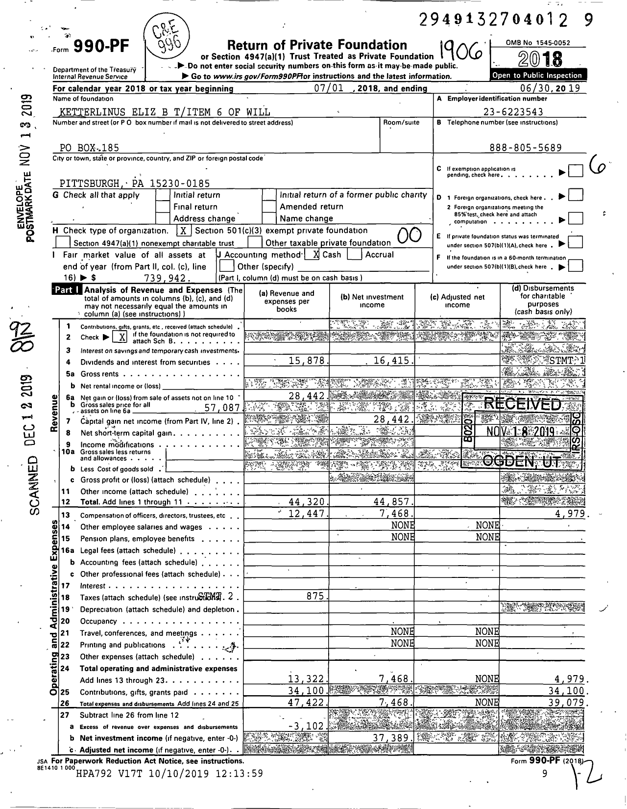 Image of first page of 2018 Form 990PF for Ketterlinus Eliz B Titem 6 of Will