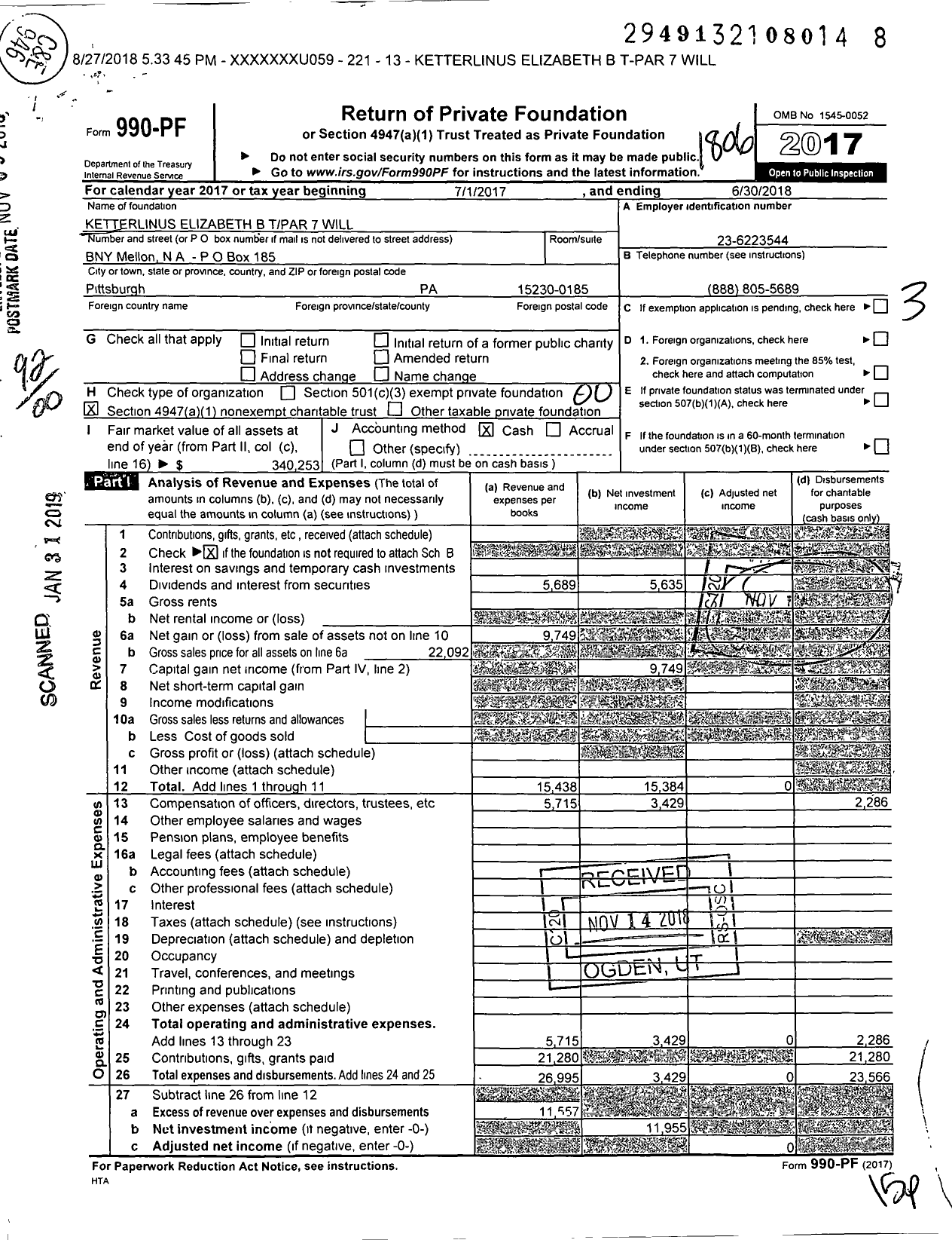 Image of first page of 2017 Form 990PF for Ketterlinus Elizabeth B Tpar 7 Will