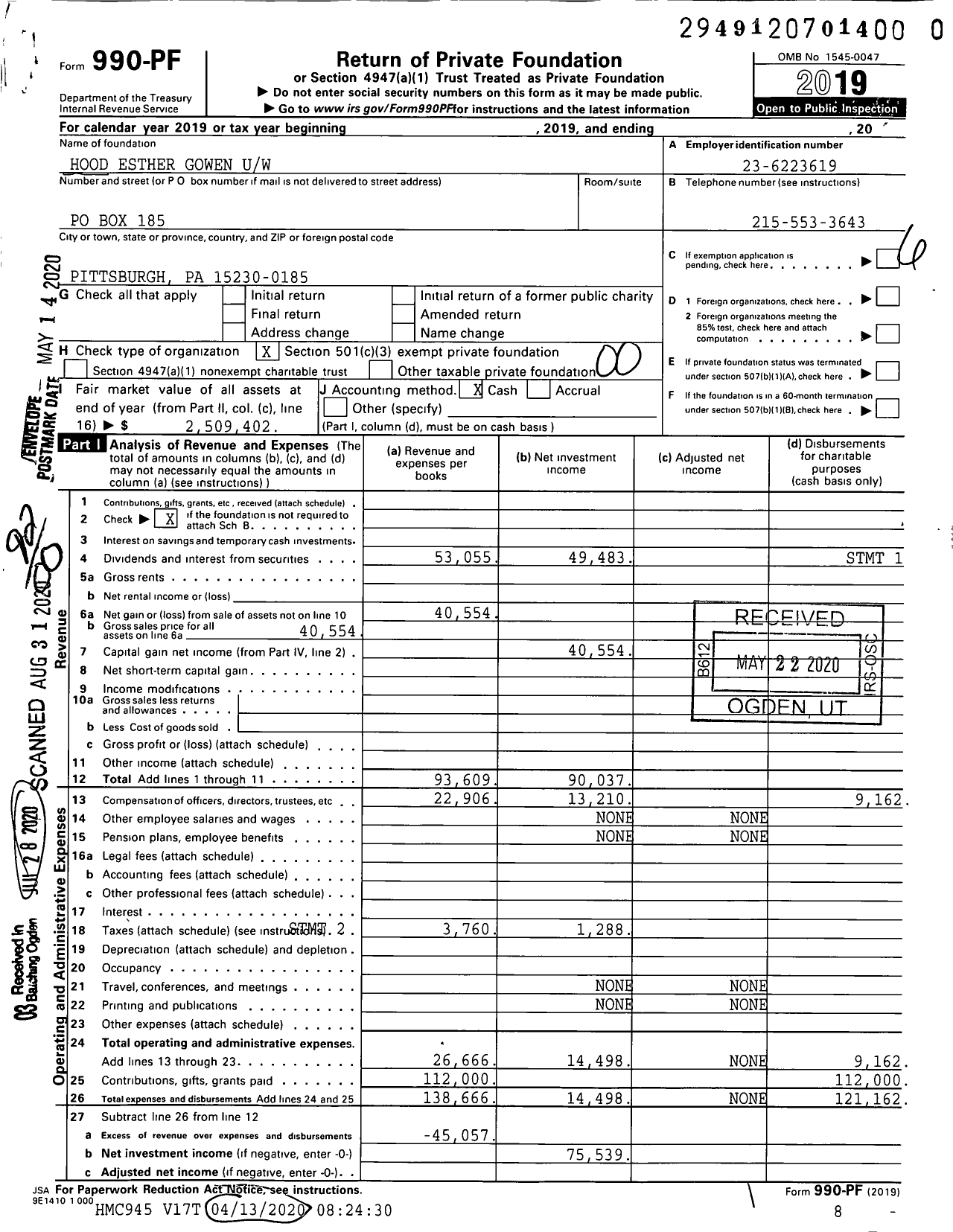 Image of first page of 2019 Form 990PR for Hood Esther Gowen Uw