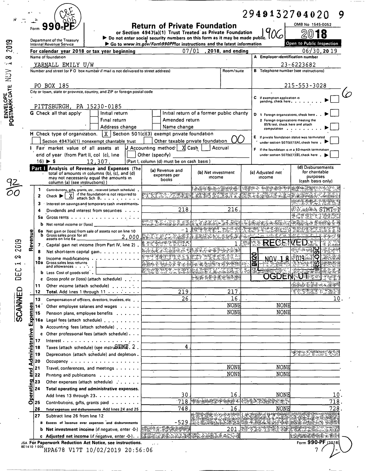 Image of first page of 2018 Form 990PF for Yarnall Emily Uw