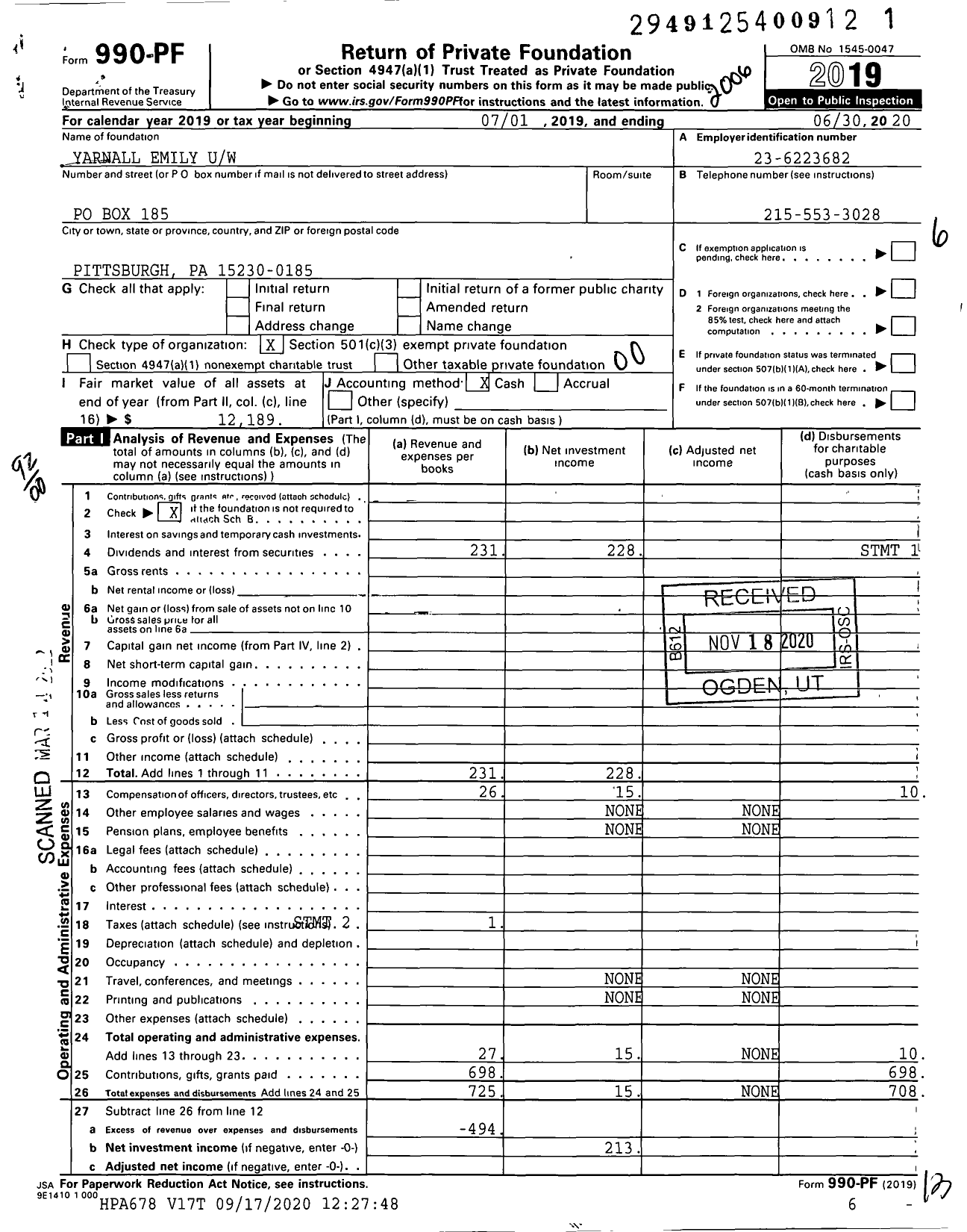 Image of first page of 2019 Form 990PF for Yarnall Emily Uw