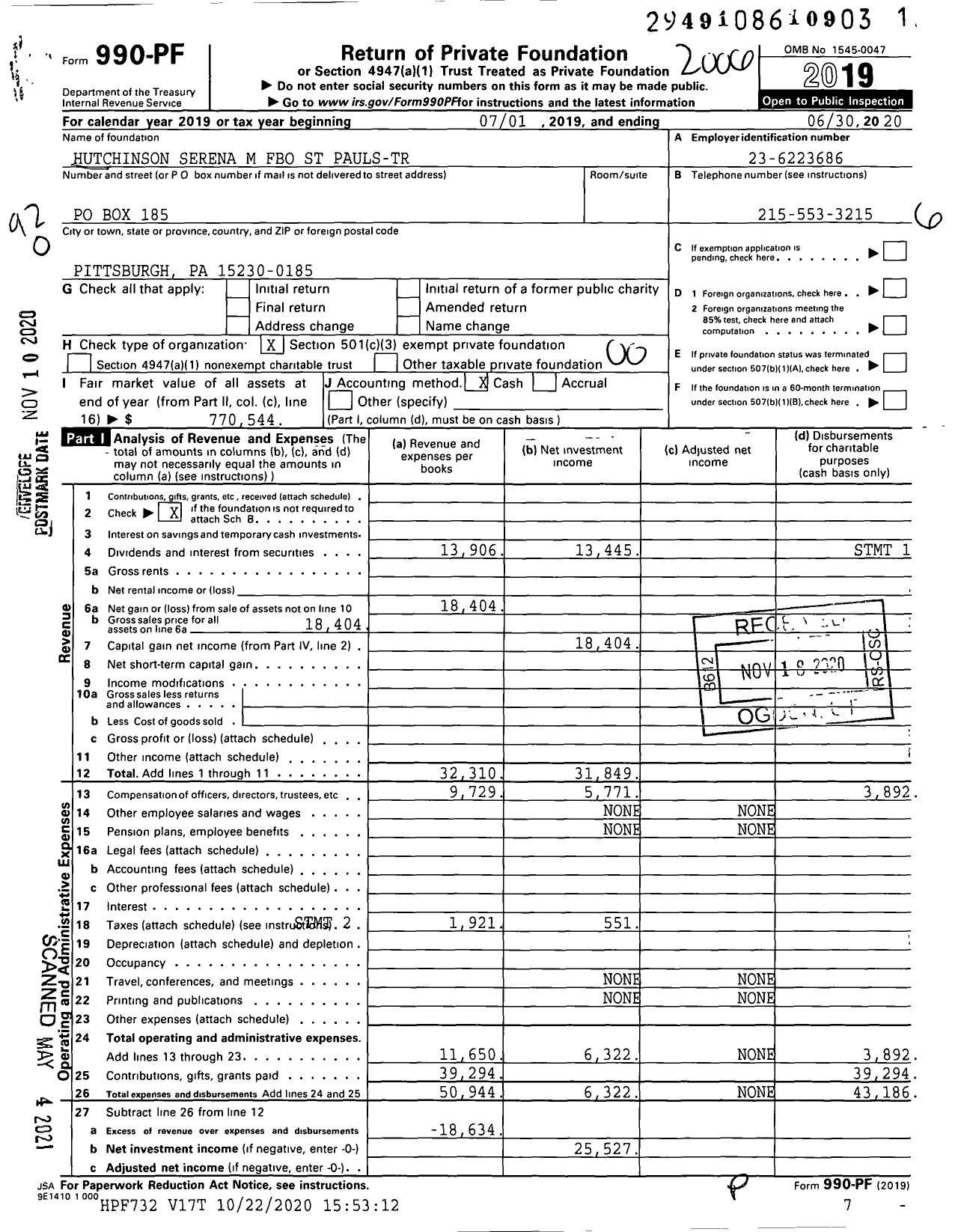 Image of first page of 2019 Form 990PF for HUTCHINson SERENA M FBO ST PAULS-TR