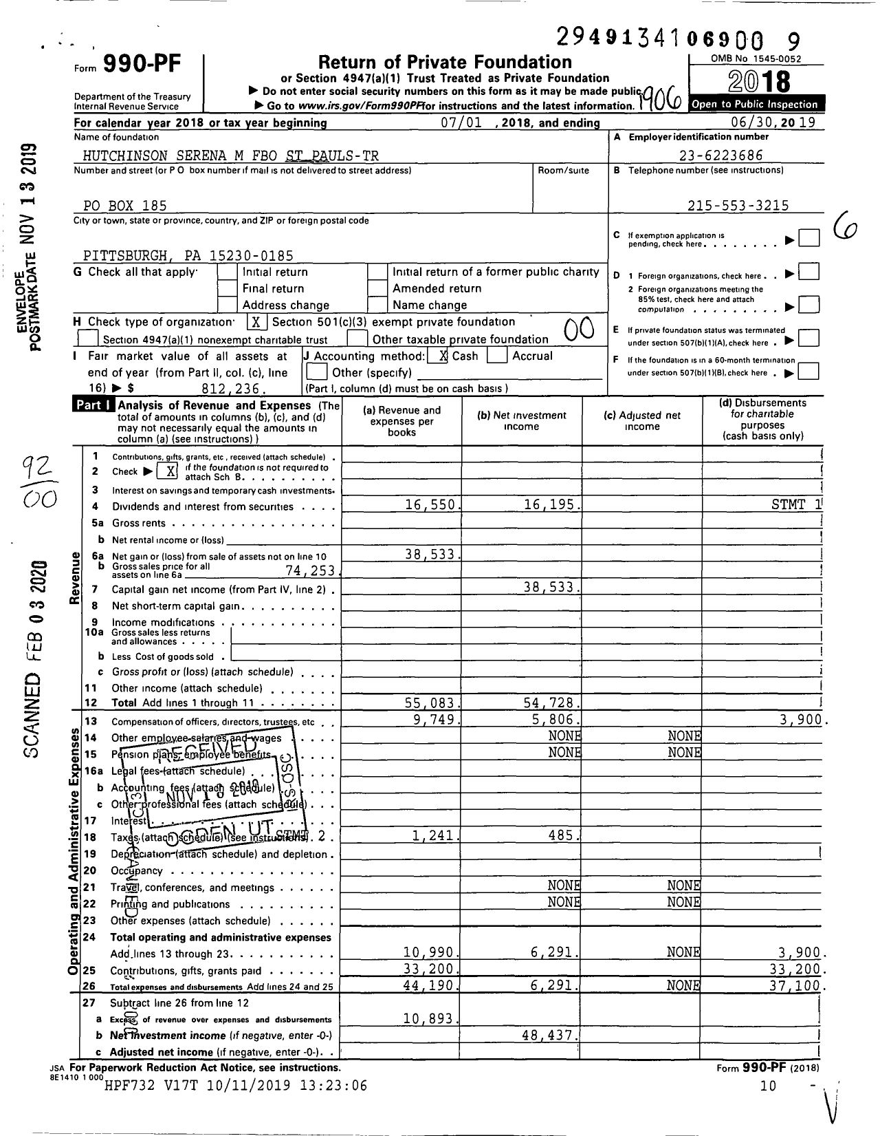 Image of first page of 2018 Form 990PF for HUTCHINson SERENA M FBO ST PAULS-TR