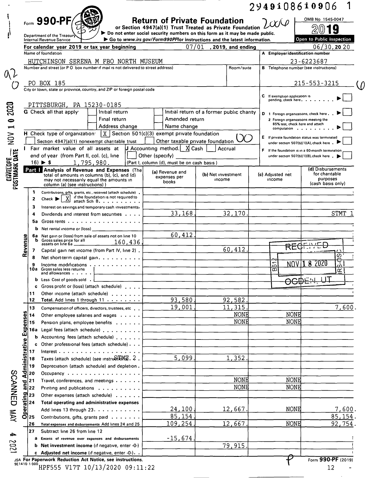 Image of first page of 2019 Form 990PF for Hutchinson Serena M Fbo North Museum