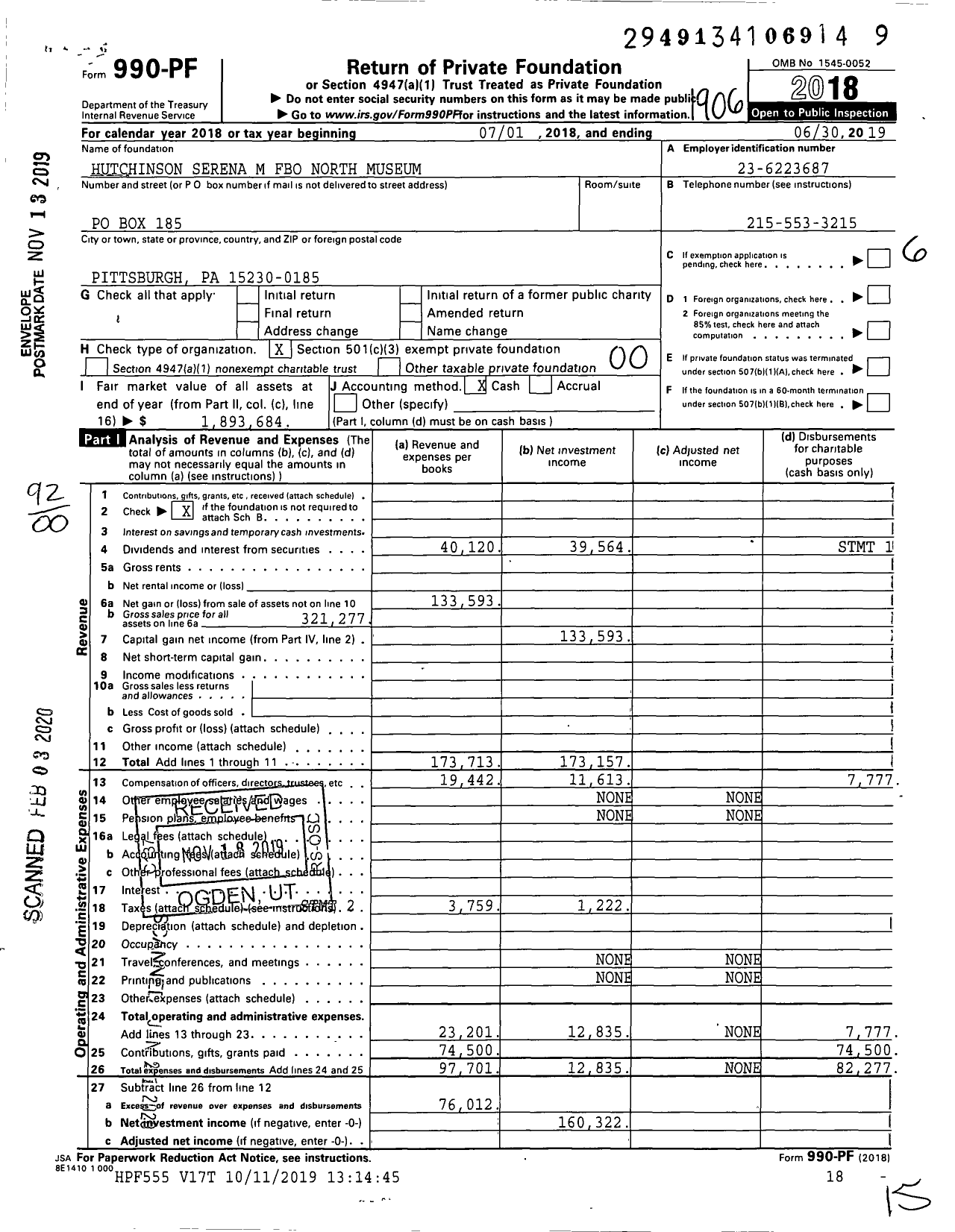 Image of first page of 2018 Form 990PF for Hutchinson Serena M Fbo North Museum