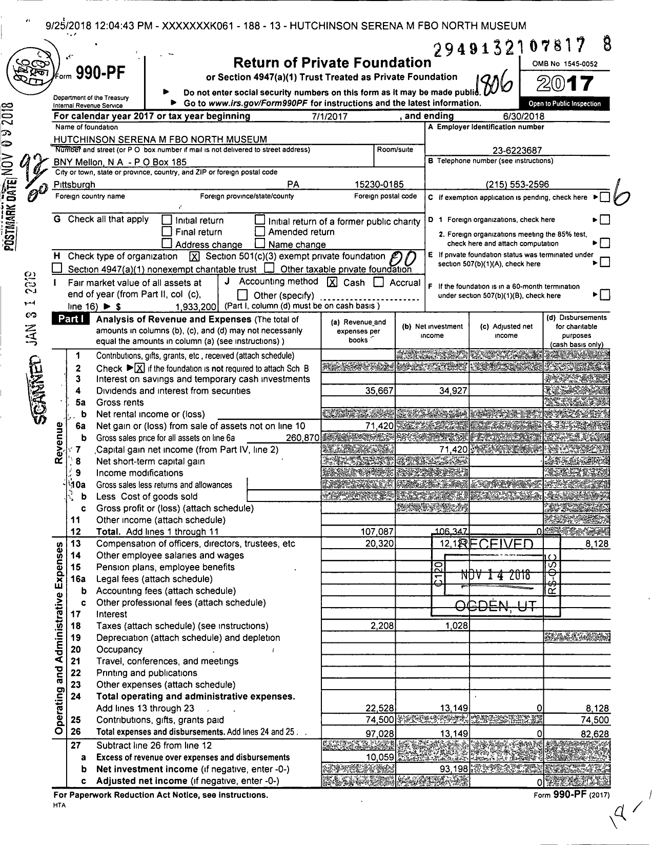 Image of first page of 2017 Form 990PF for Hutchinson Serena M Fbo North Museum