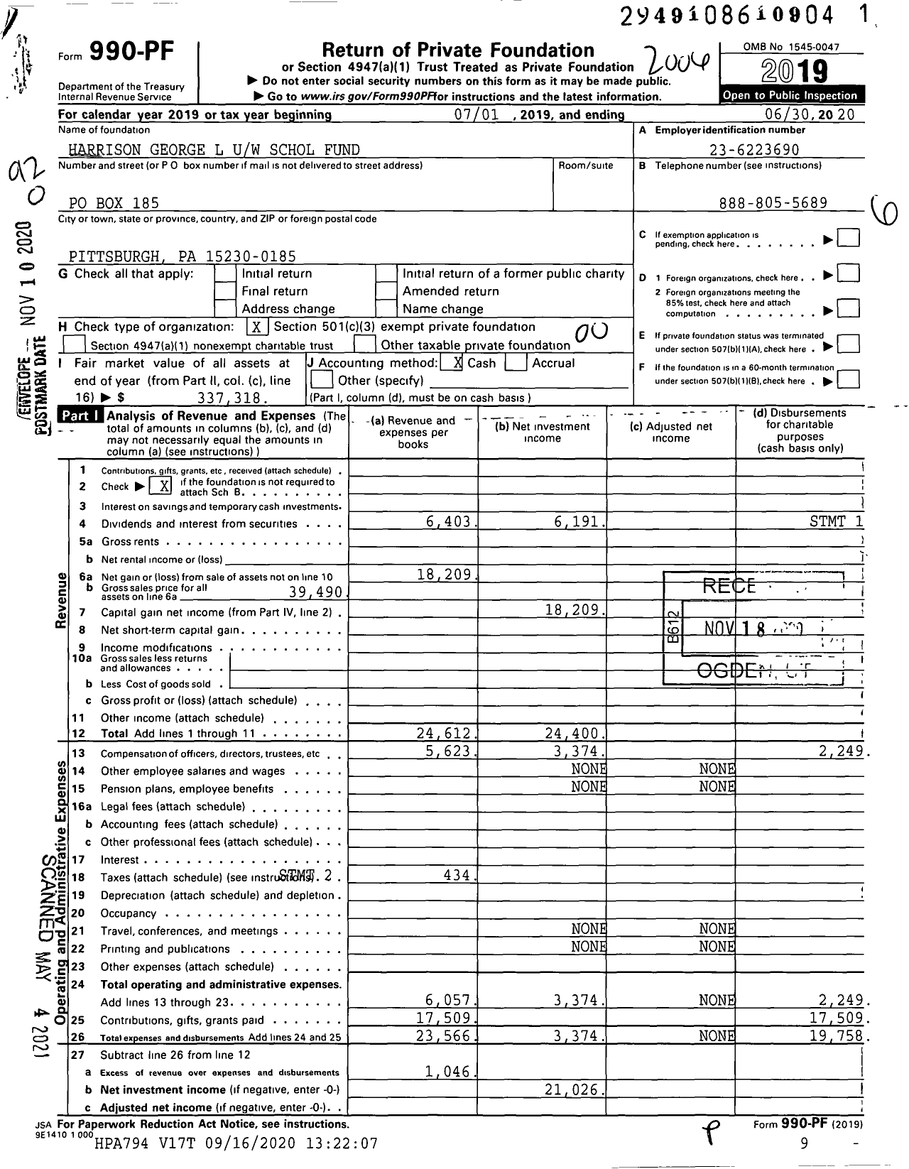 Image of first page of 2019 Form 990PF for Harrison George L Uw Schol Fund