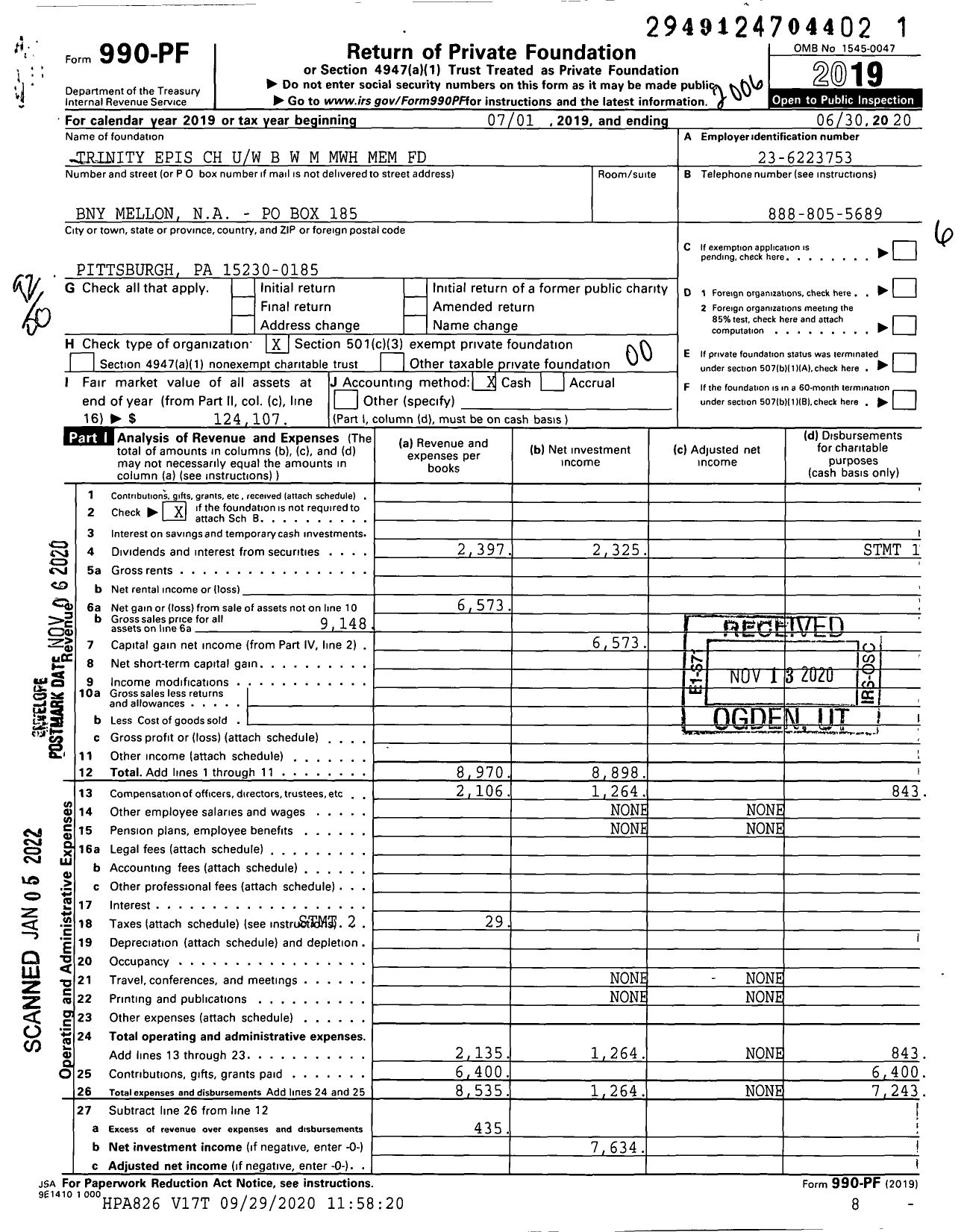 Image of first page of 2019 Form 990PF for Trinity Epis CH Uw B W M MWH Mem Fund