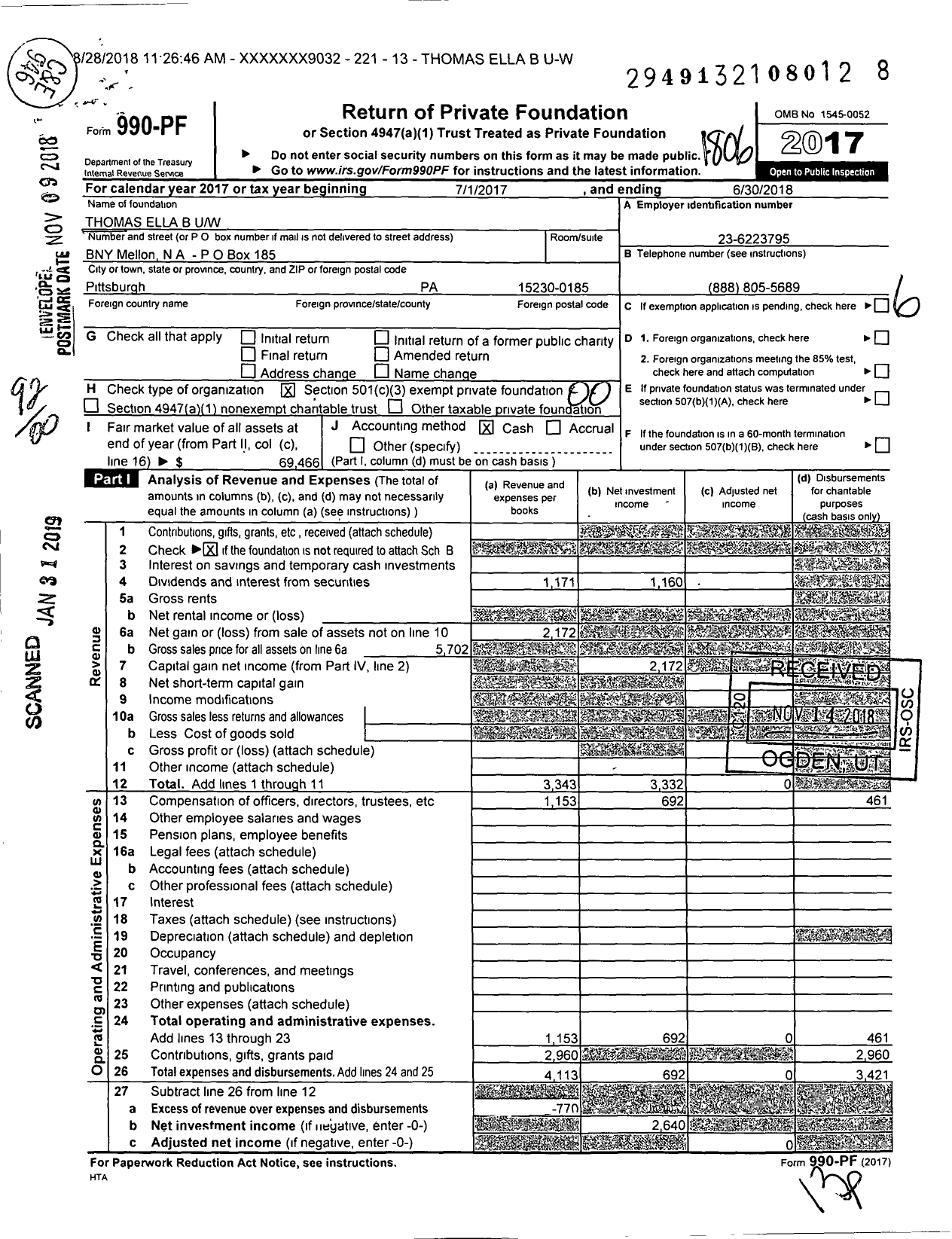 Image of first page of 2017 Form 990PF for Thomas Ella B Uw