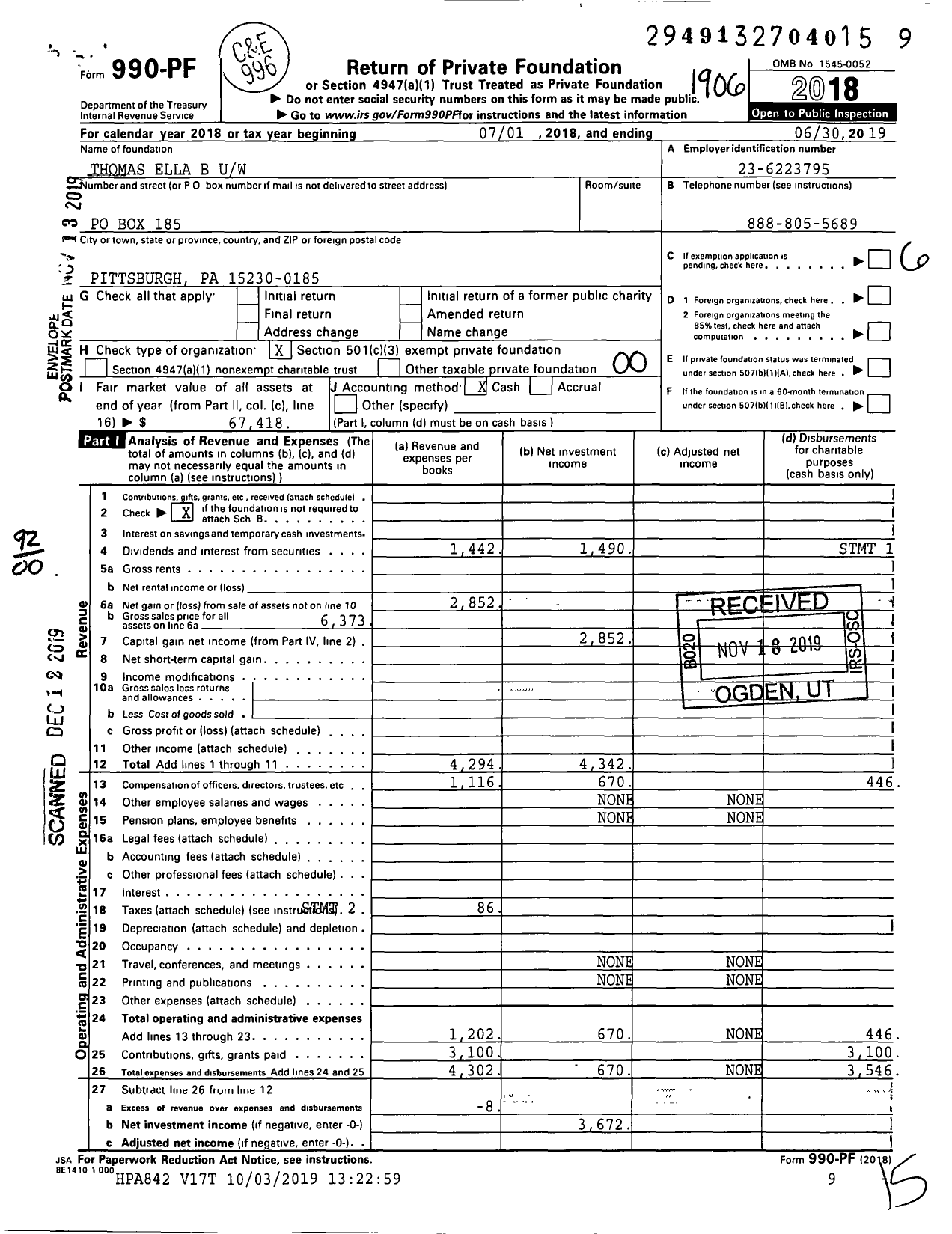 Image of first page of 2018 Form 990PF for Thomas Ella B Uw