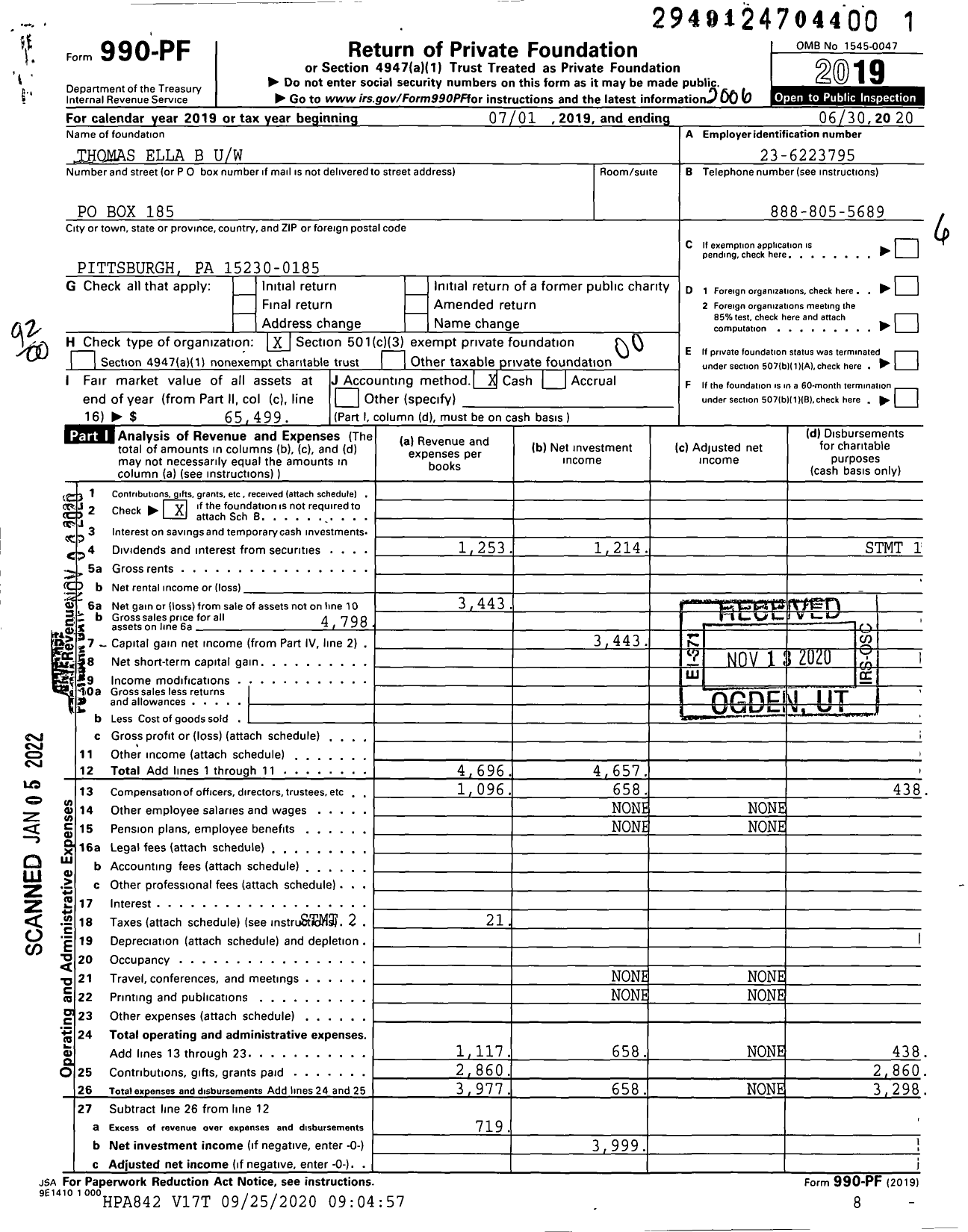 Image of first page of 2019 Form 990PF for Thomas Ella B Uw