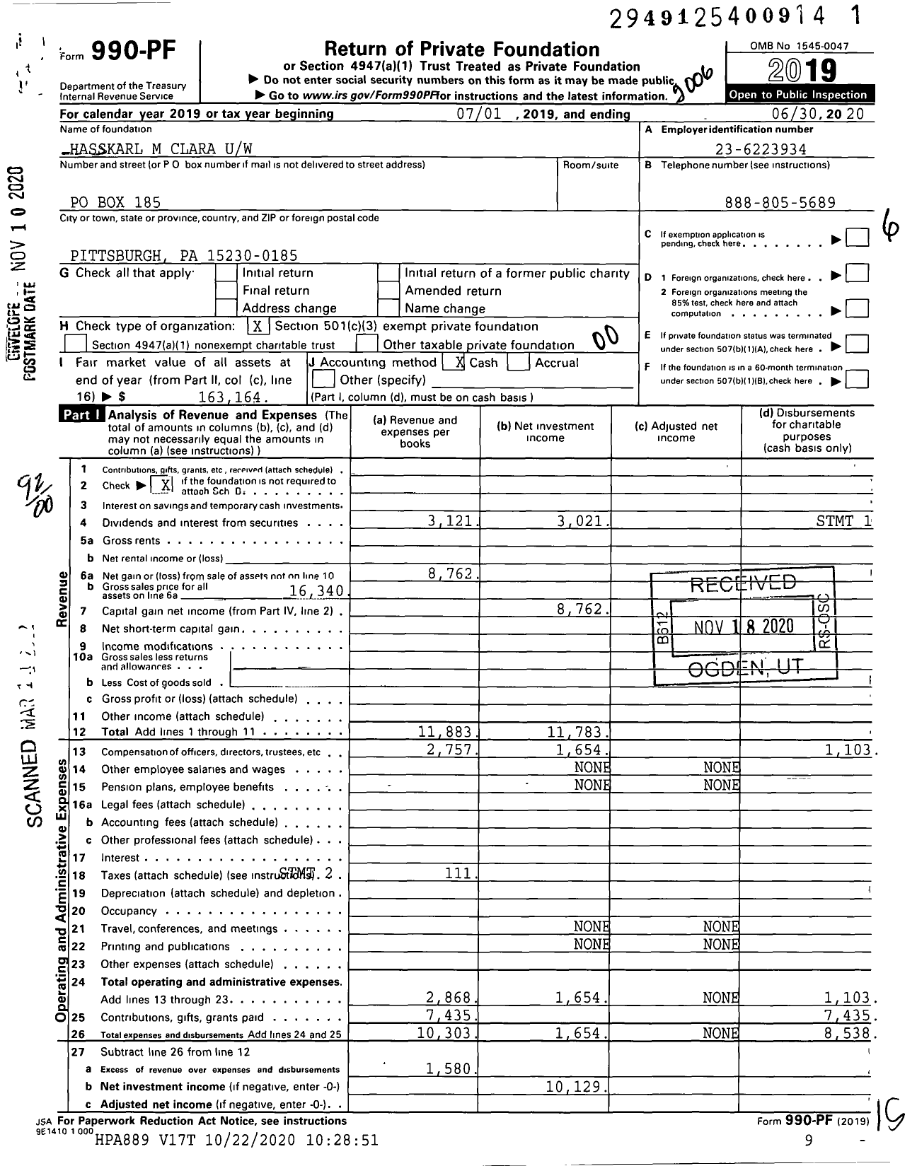 Image of first page of 2019 Form 990PF for Hasskarl M Clara Uw