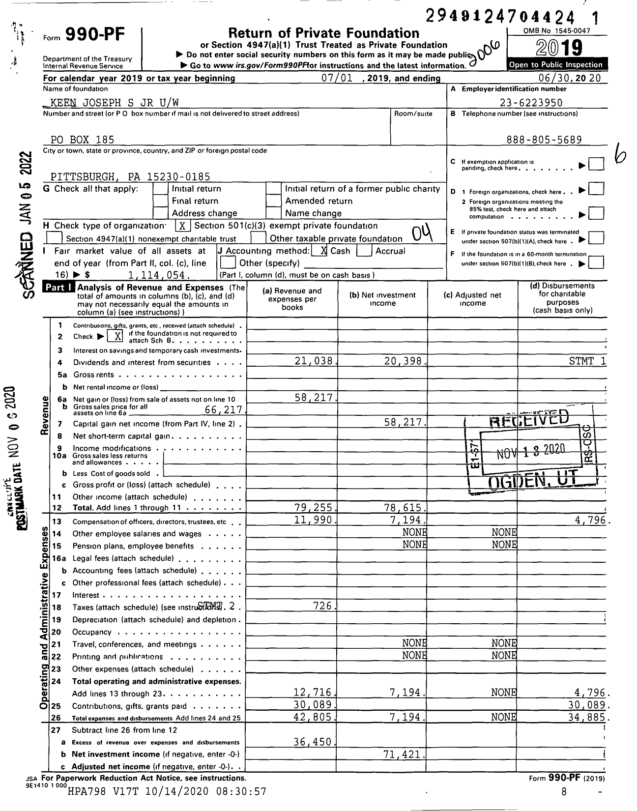 Image of first page of 2019 Form 990PF for Keen Joseph S JR Uw