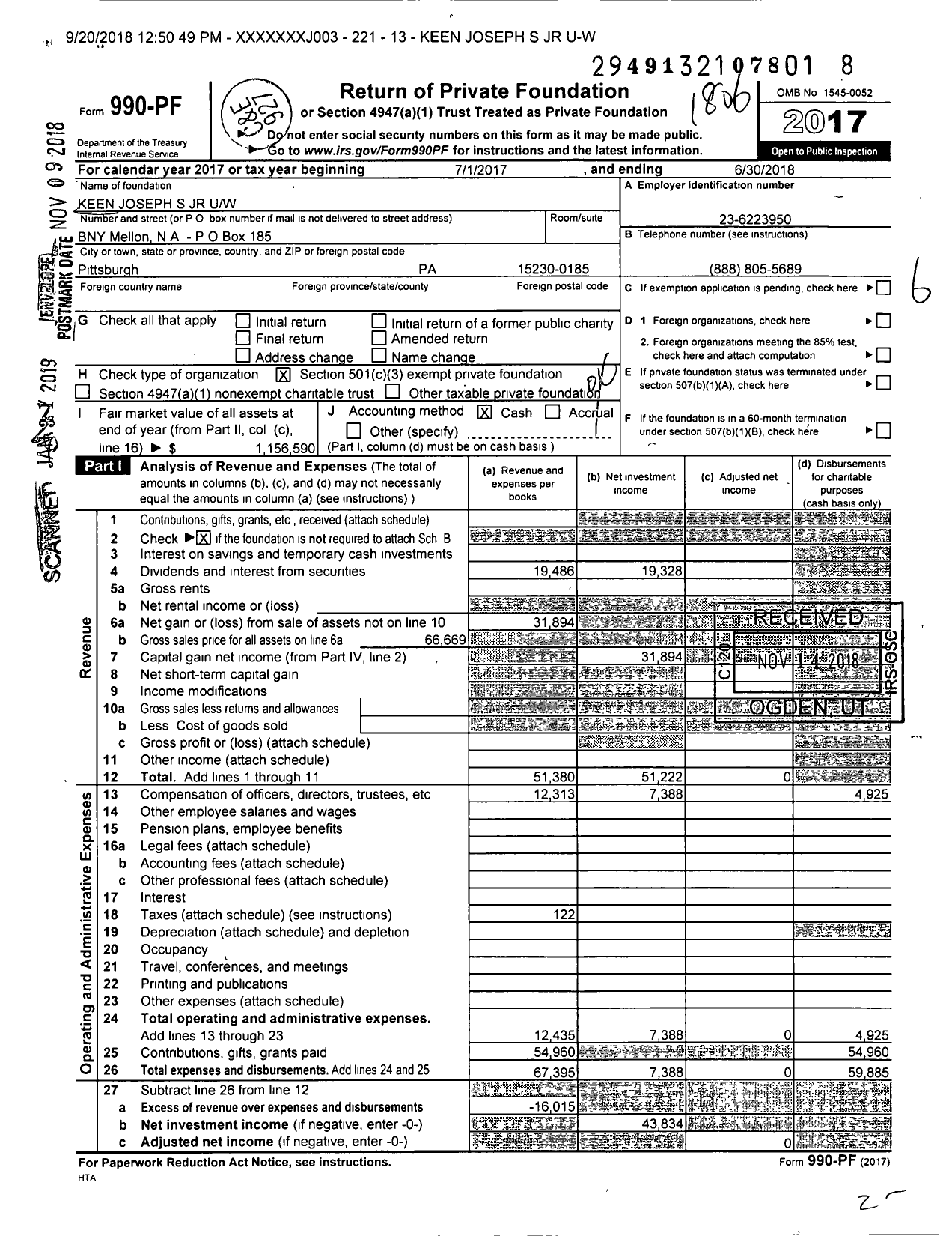 Image of first page of 2017 Form 990PF for Keen Joseph S JR Uw