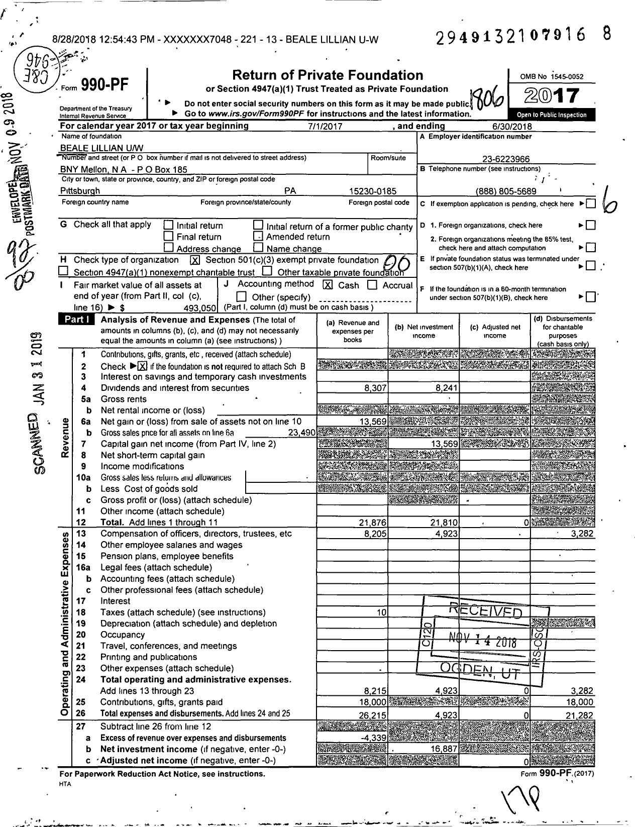 Image of first page of 2017 Form 990PF for Beale Lillian Uw