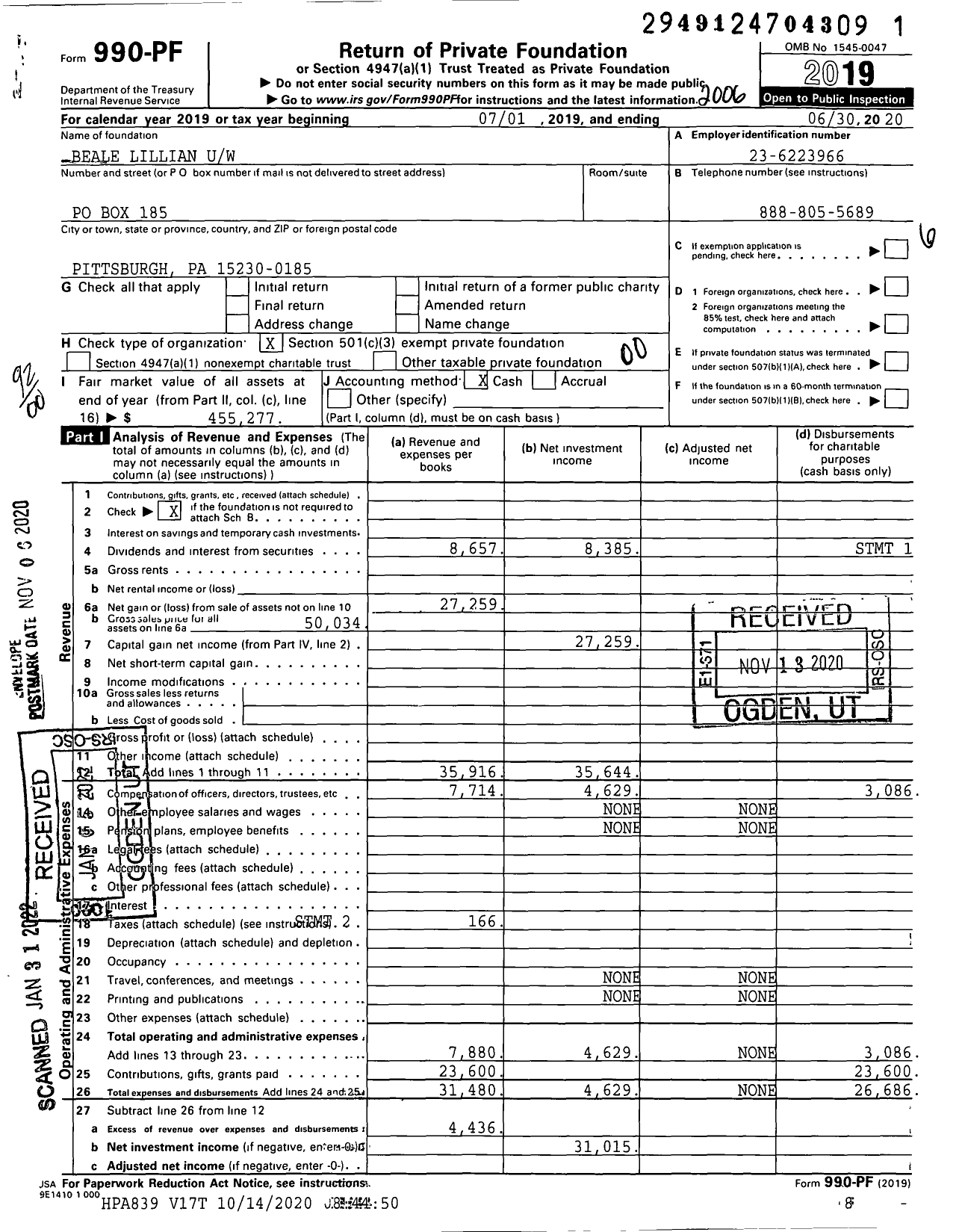 Image of first page of 2019 Form 990PF for Beale Lillian Uw