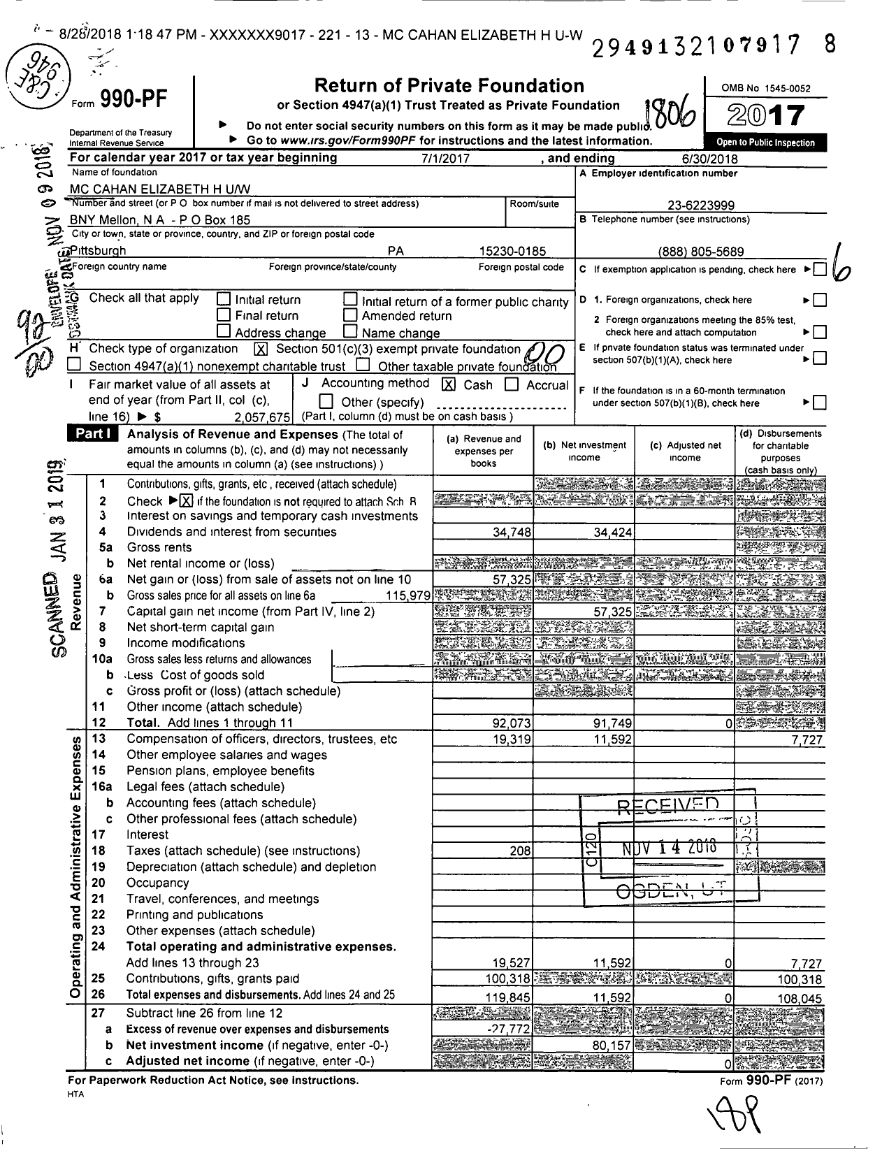 Image of first page of 2017 Form 990PF for MC Cahan Elizabeth H Uw