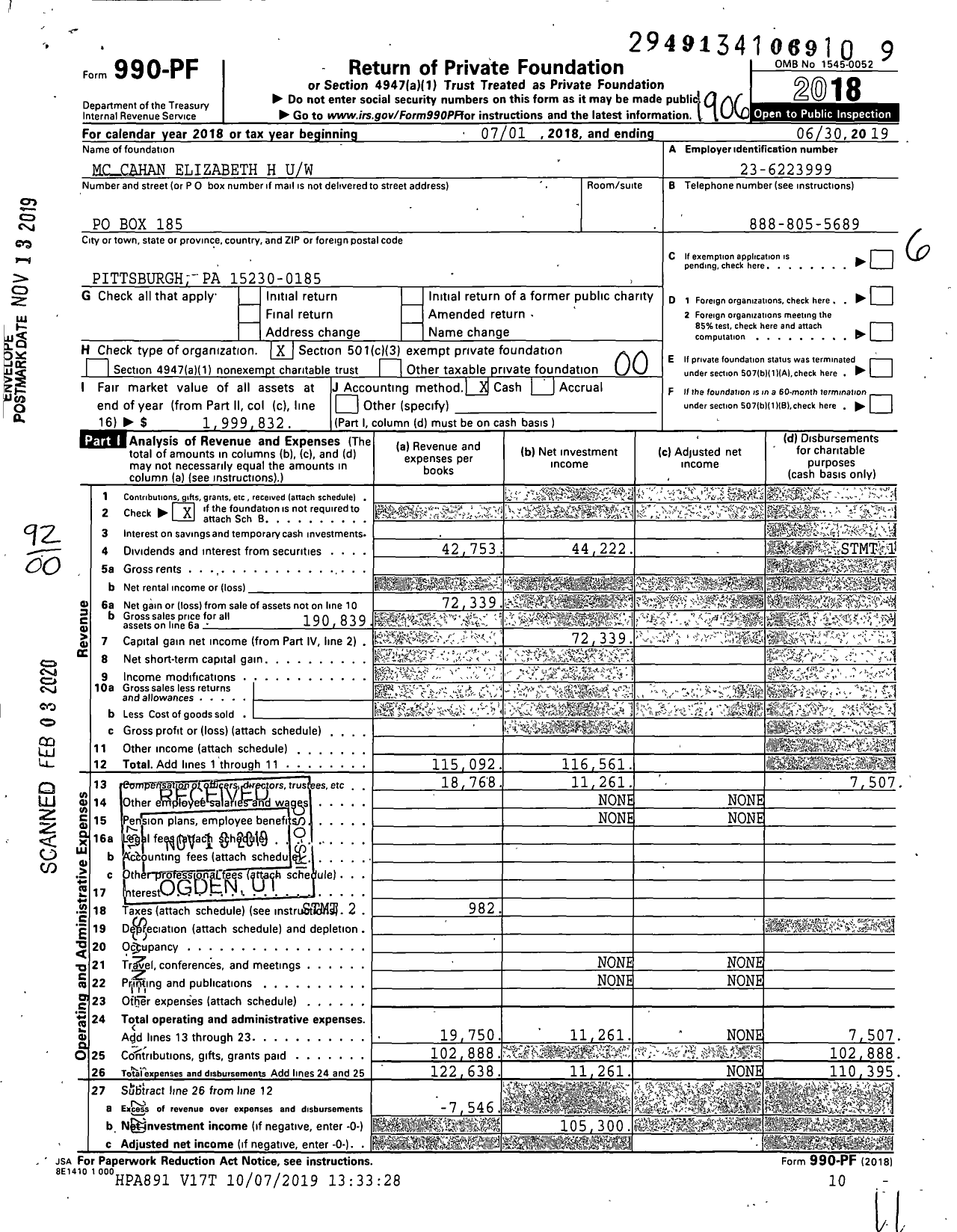 Image of first page of 2018 Form 990PF for MC Cahan Elizabeth H Uw