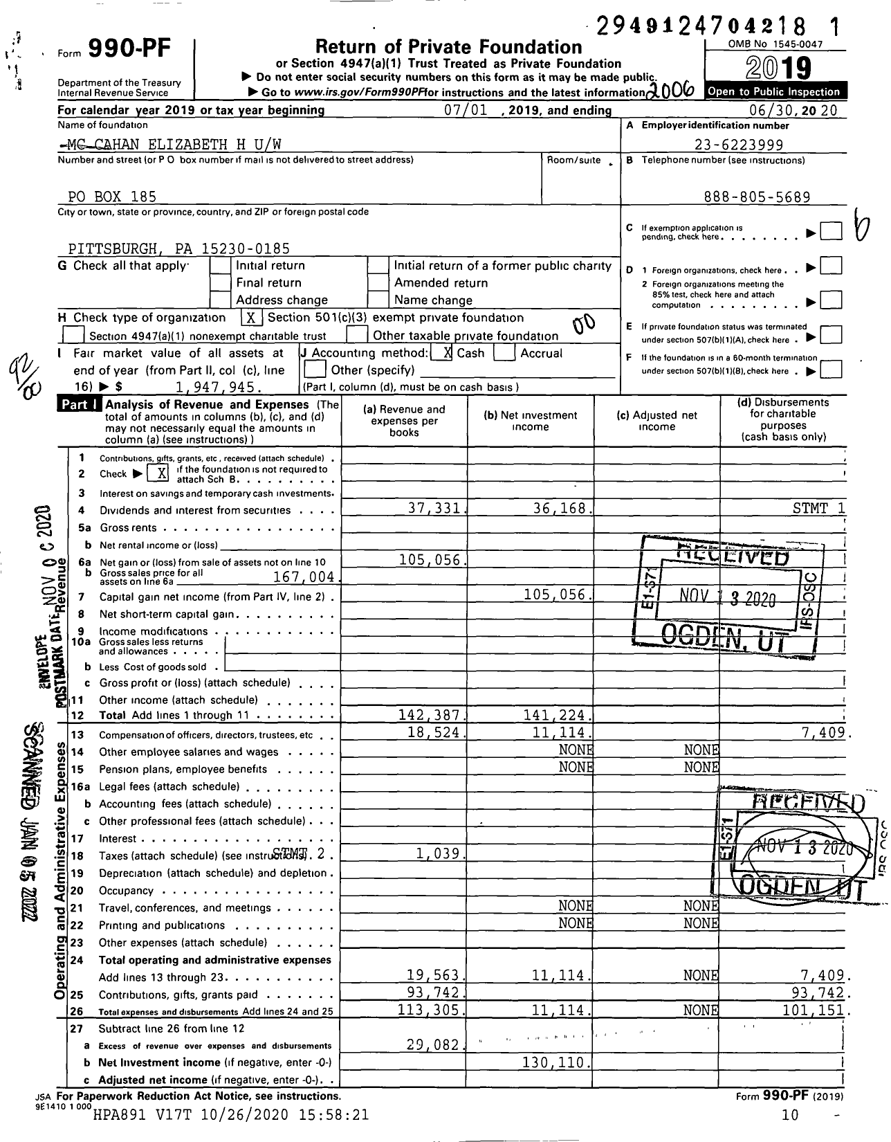 Image of first page of 2019 Form 990PF for MC Cahan Elizabeth H Uw