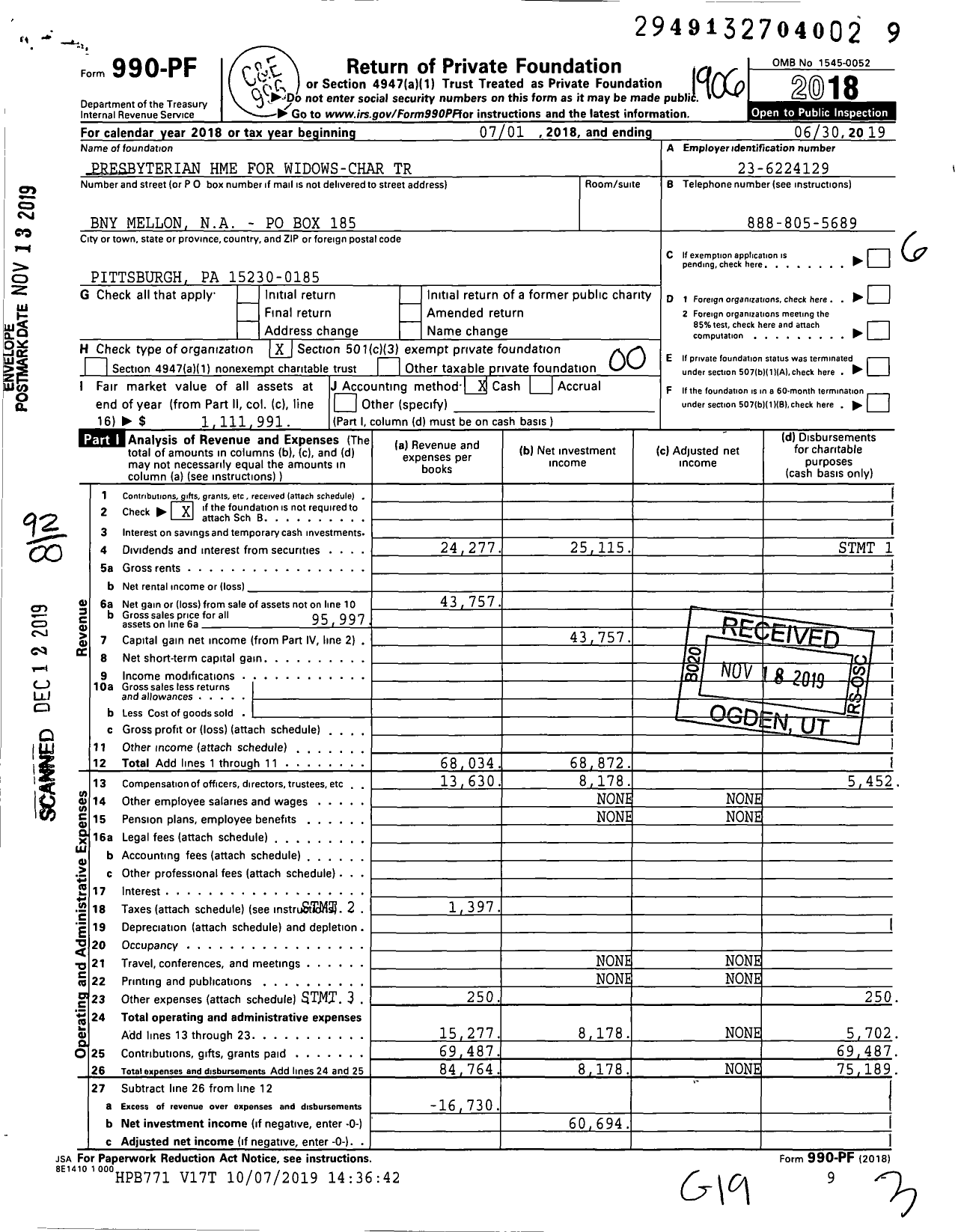 Image of first page of 2018 Form 990PF for Presbyterian Hme for Widows-Char Trust