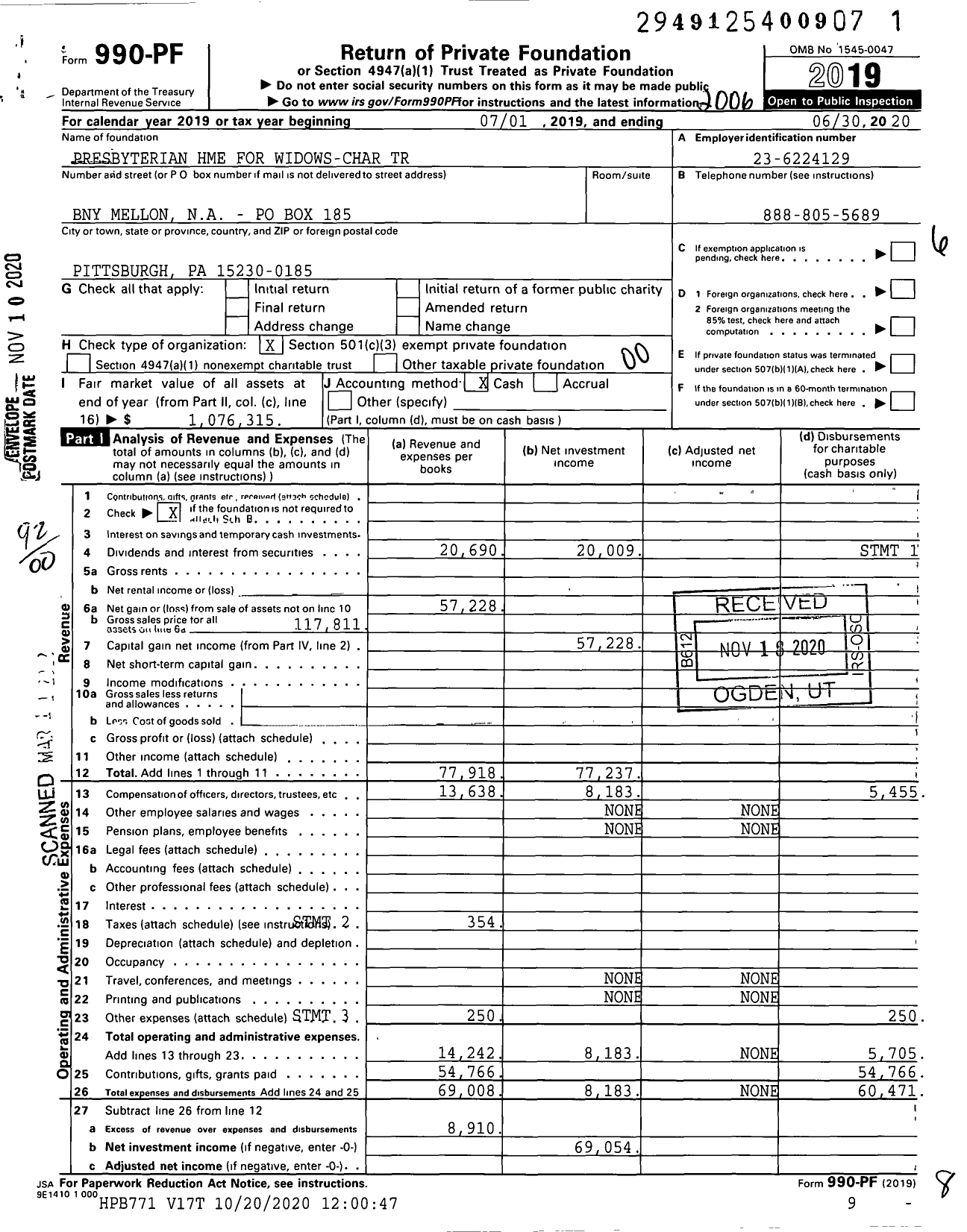 Image of first page of 2019 Form 990PF for Presbyterian Hme for Widows-Char Trust