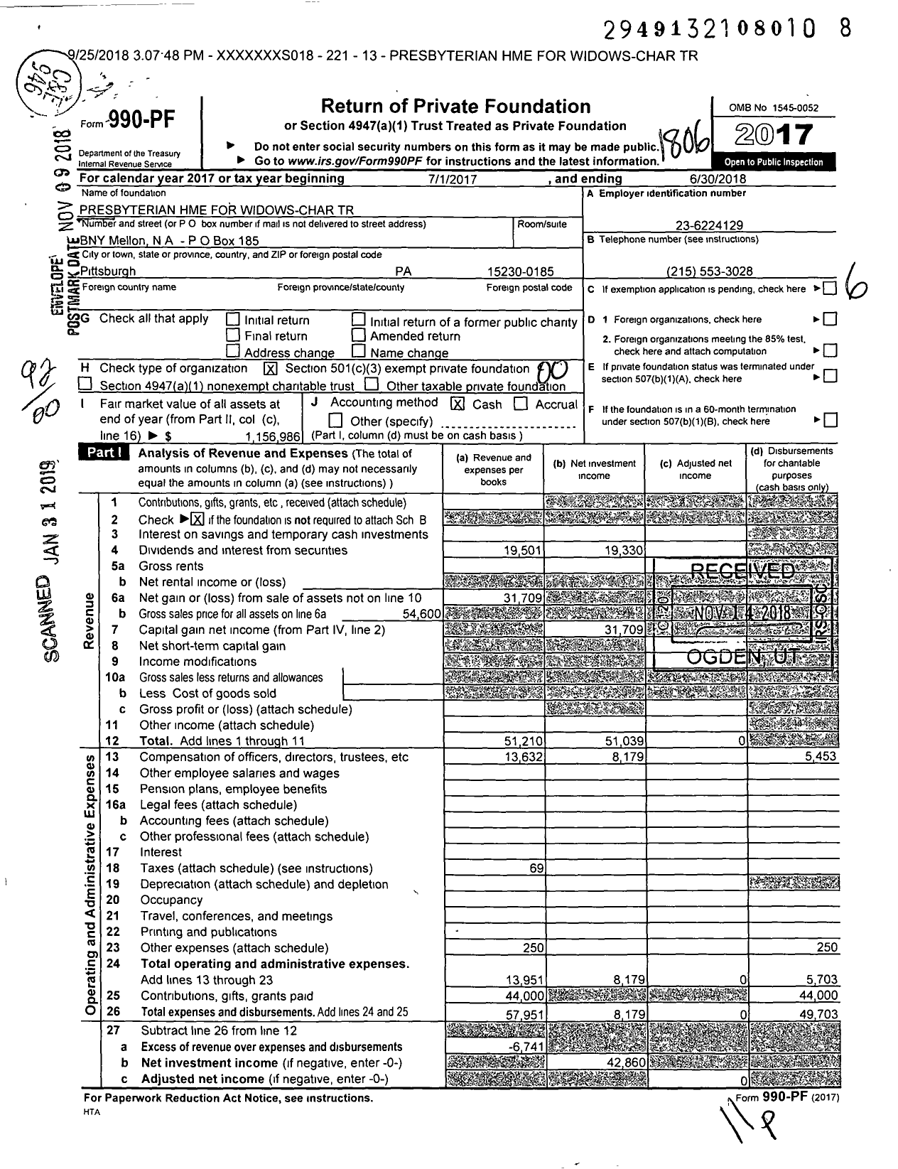 Image of first page of 2017 Form 990PF for Presbyterian Hme for Widows-Char Trust