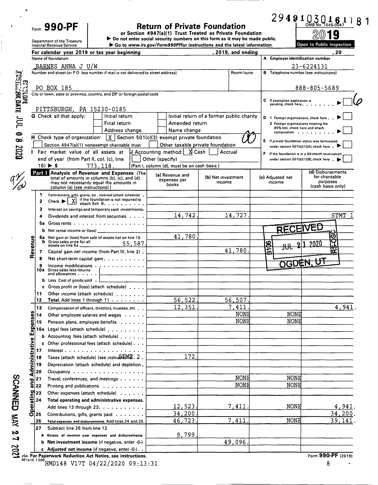 Image of first page of 2019 Form 990PF for Barnes Anna J Uw