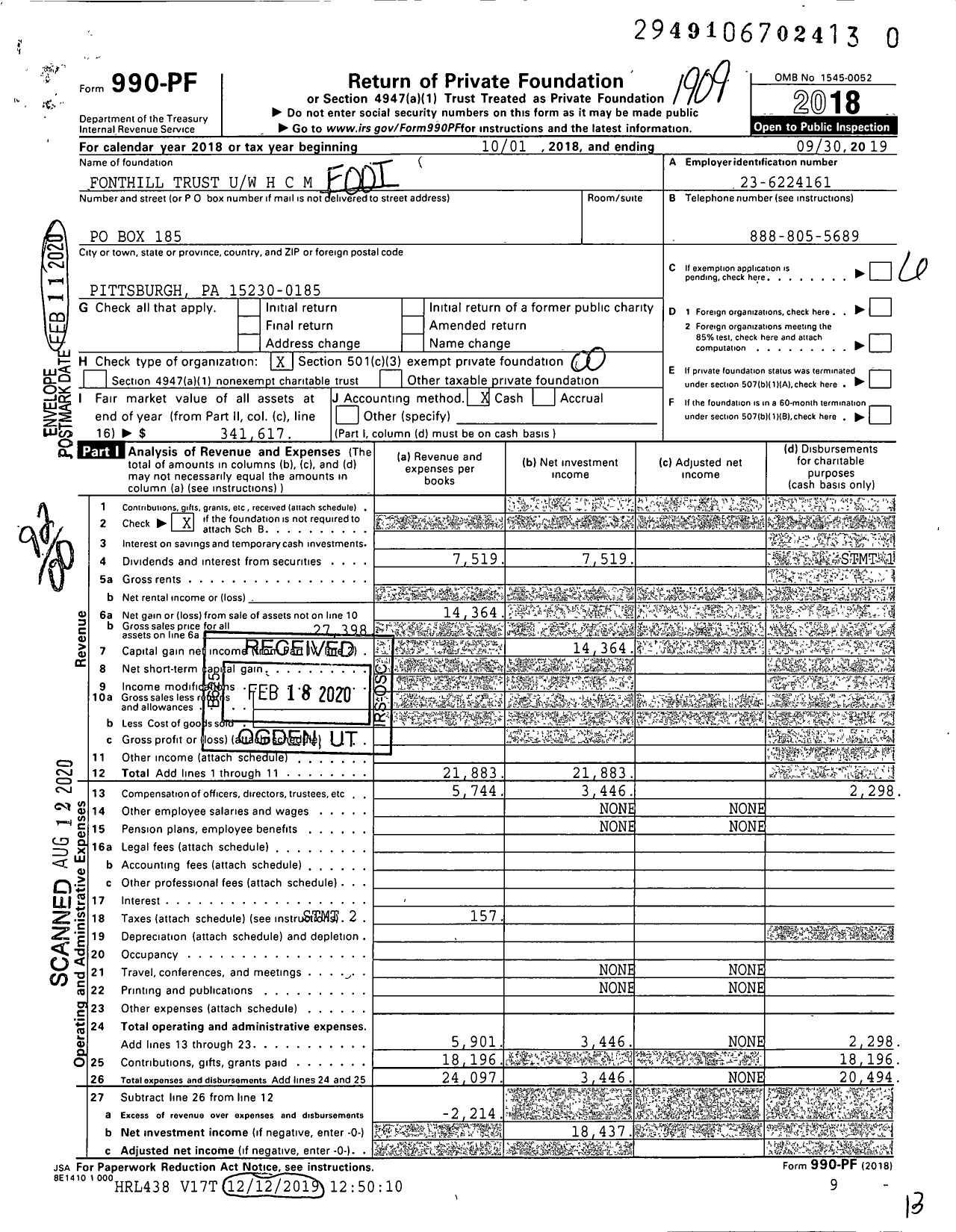 Image of first page of 2018 Form 990PR for Fonthill Trust Uw H C M