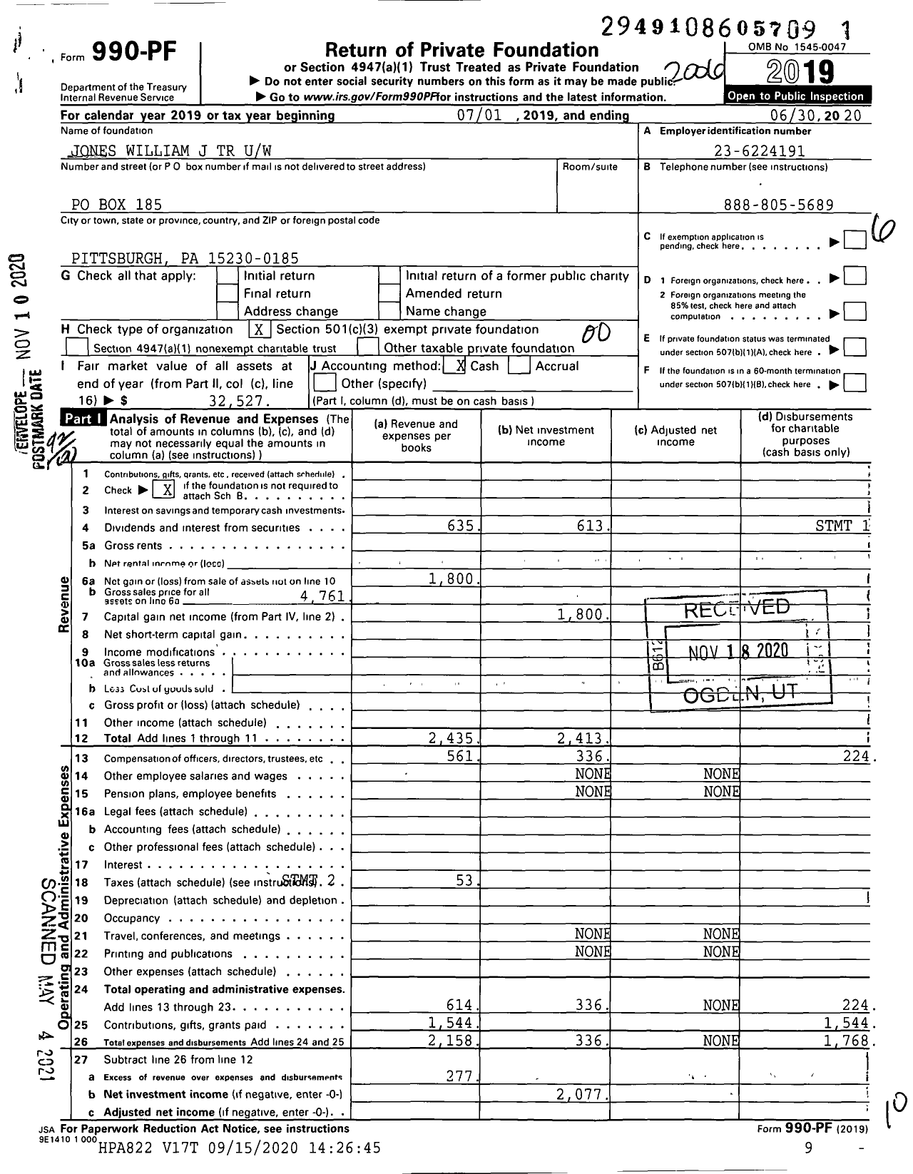 Image of first page of 2019 Form 990PF for Jones William J TR Uw