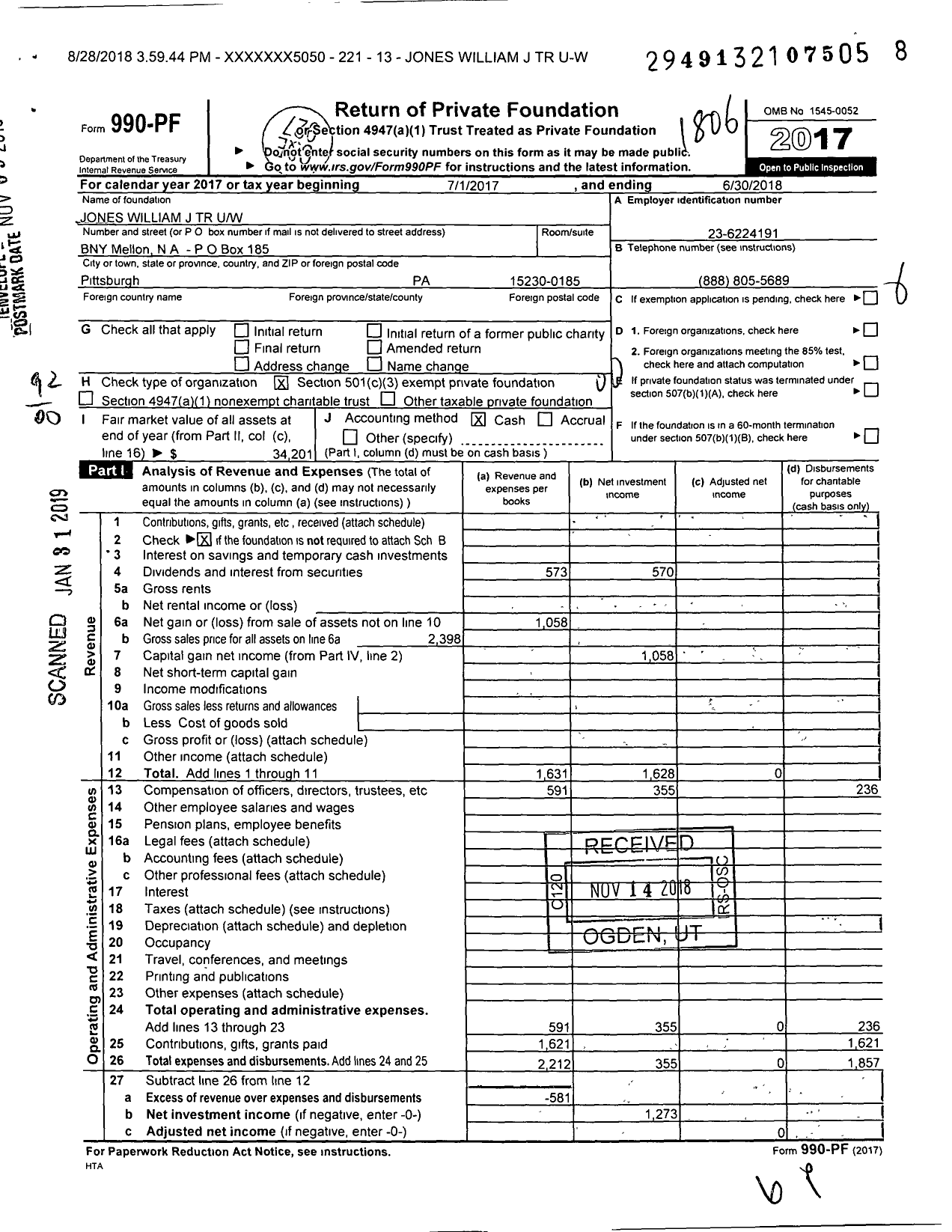 Image of first page of 2017 Form 990PF for Jones William J TR Uw