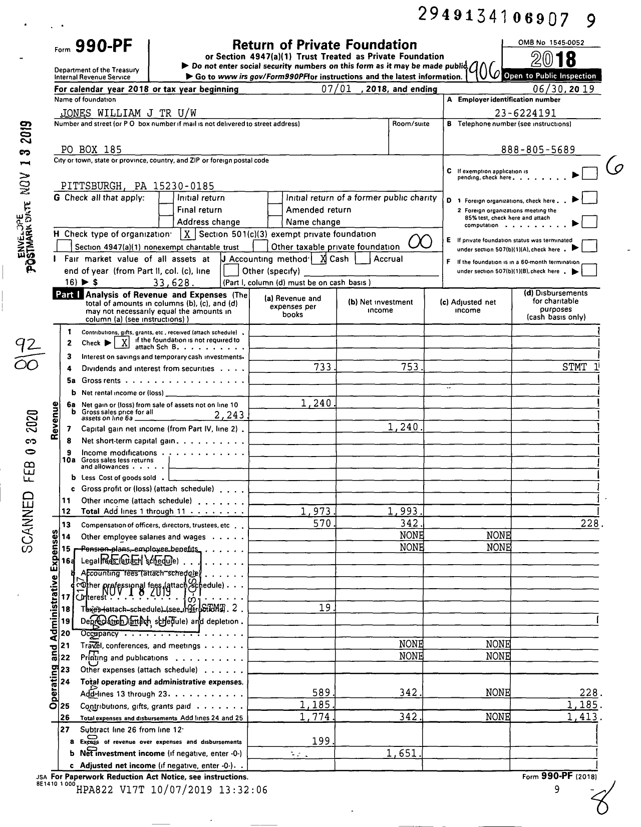 Image of first page of 2018 Form 990PF for Jones William J TR Uw