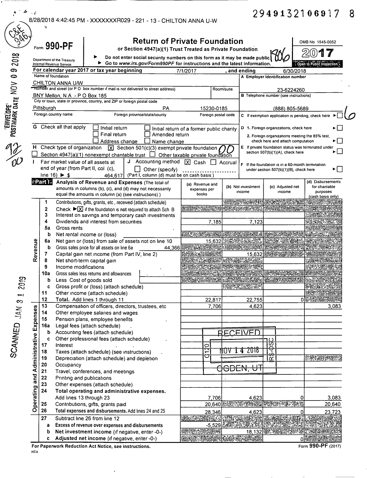 Image of first page of 2017 Form 990PF for Chilton Anna Uw