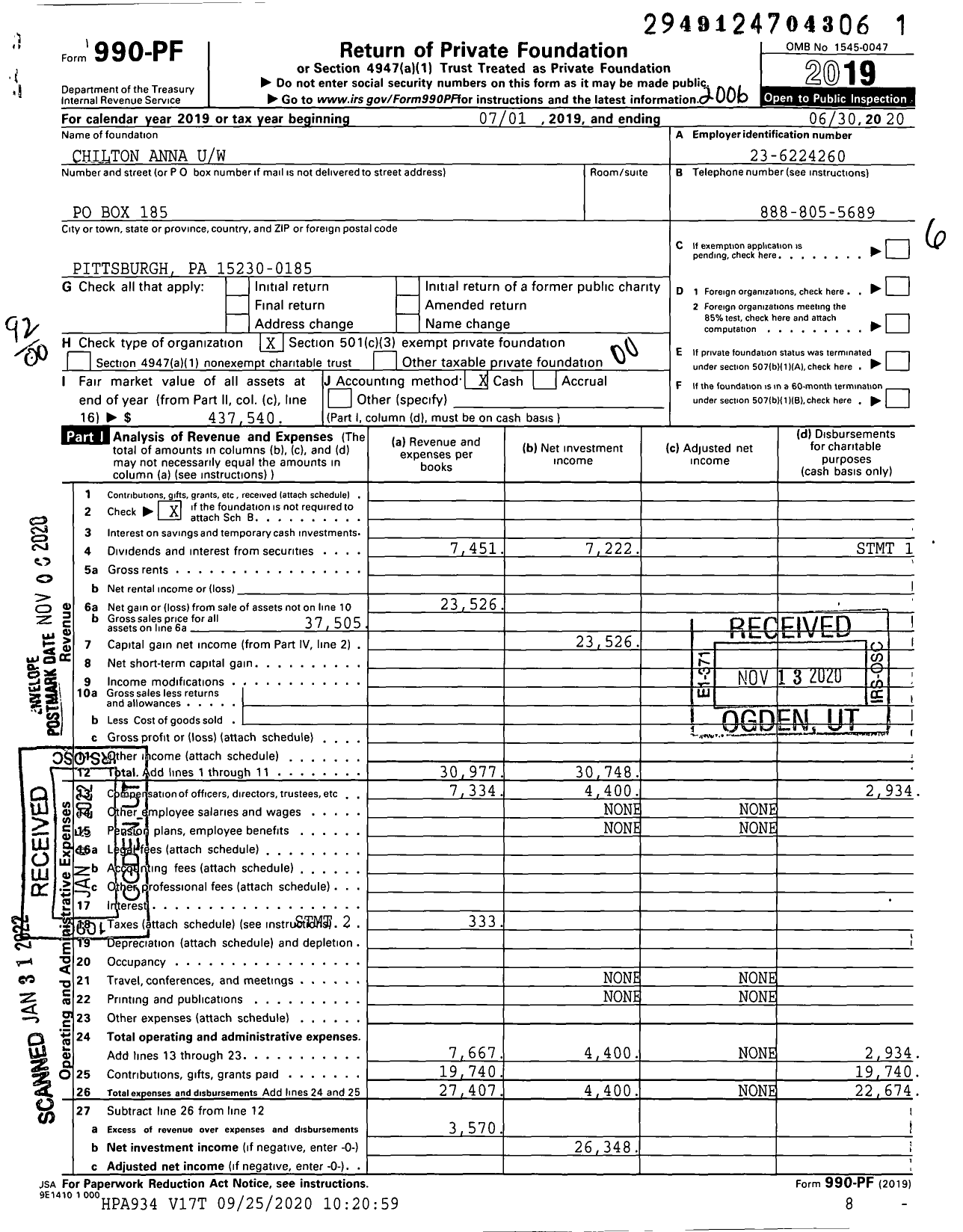 Image of first page of 2019 Form 990PF for Chilton Anna Uw