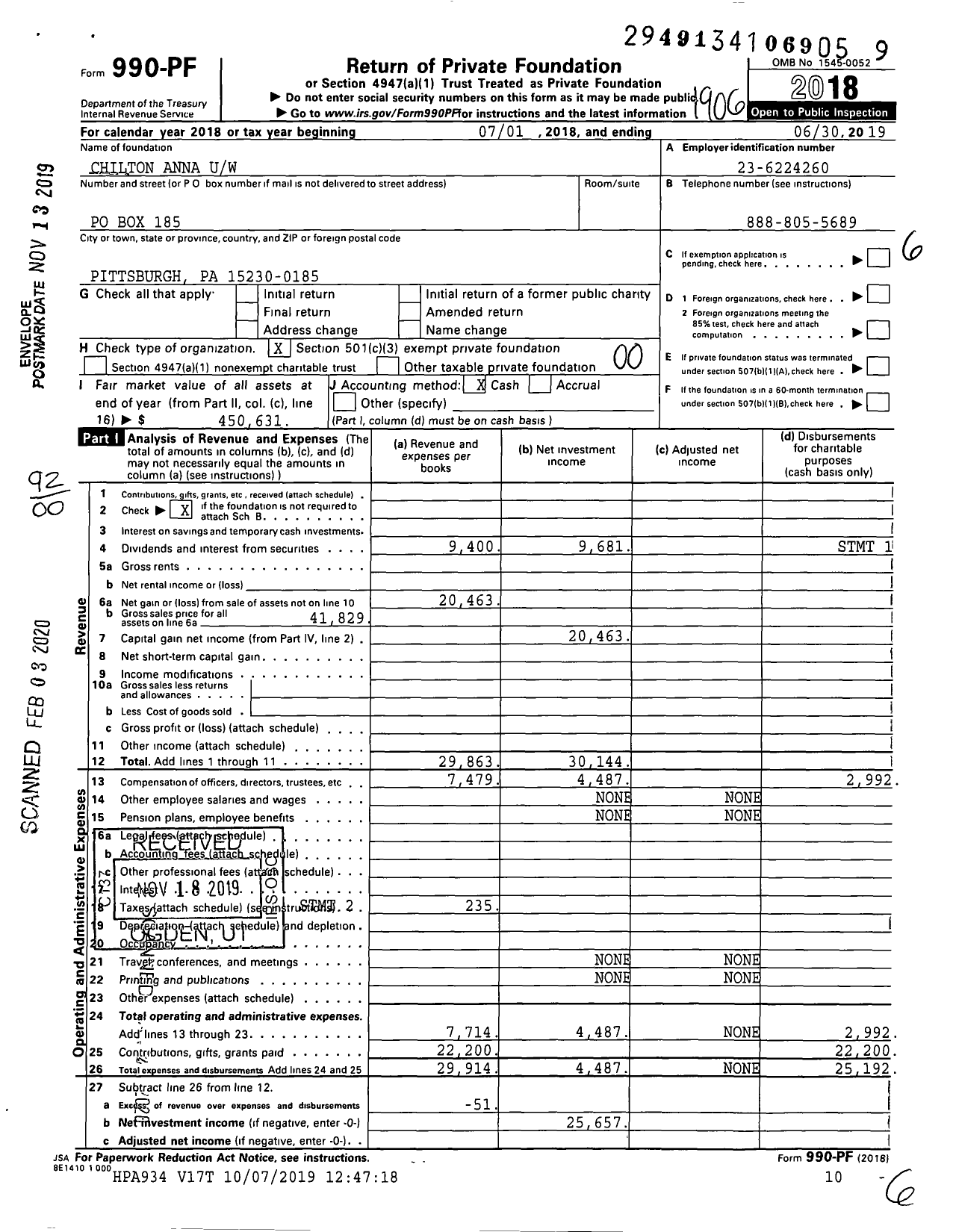 Image of first page of 2018 Form 990PF for Chilton Anna Uw