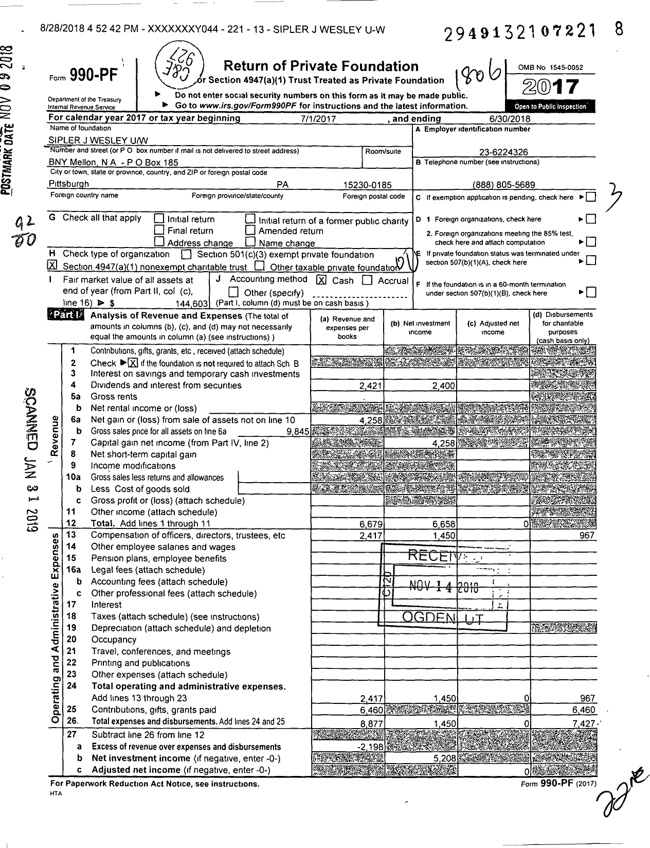 Image of first page of 2017 Form 990PF for Sipler J Wesley Uw