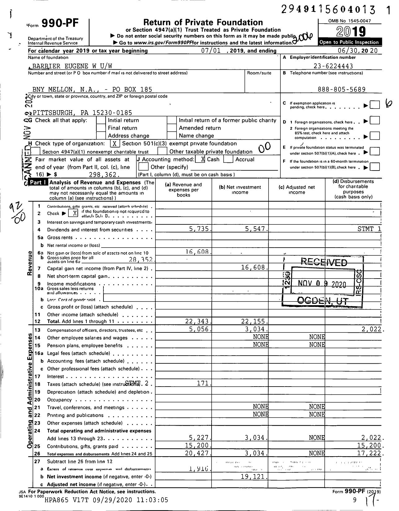 Image of first page of 2019 Form 990PF for Barbier Eugene W Uw