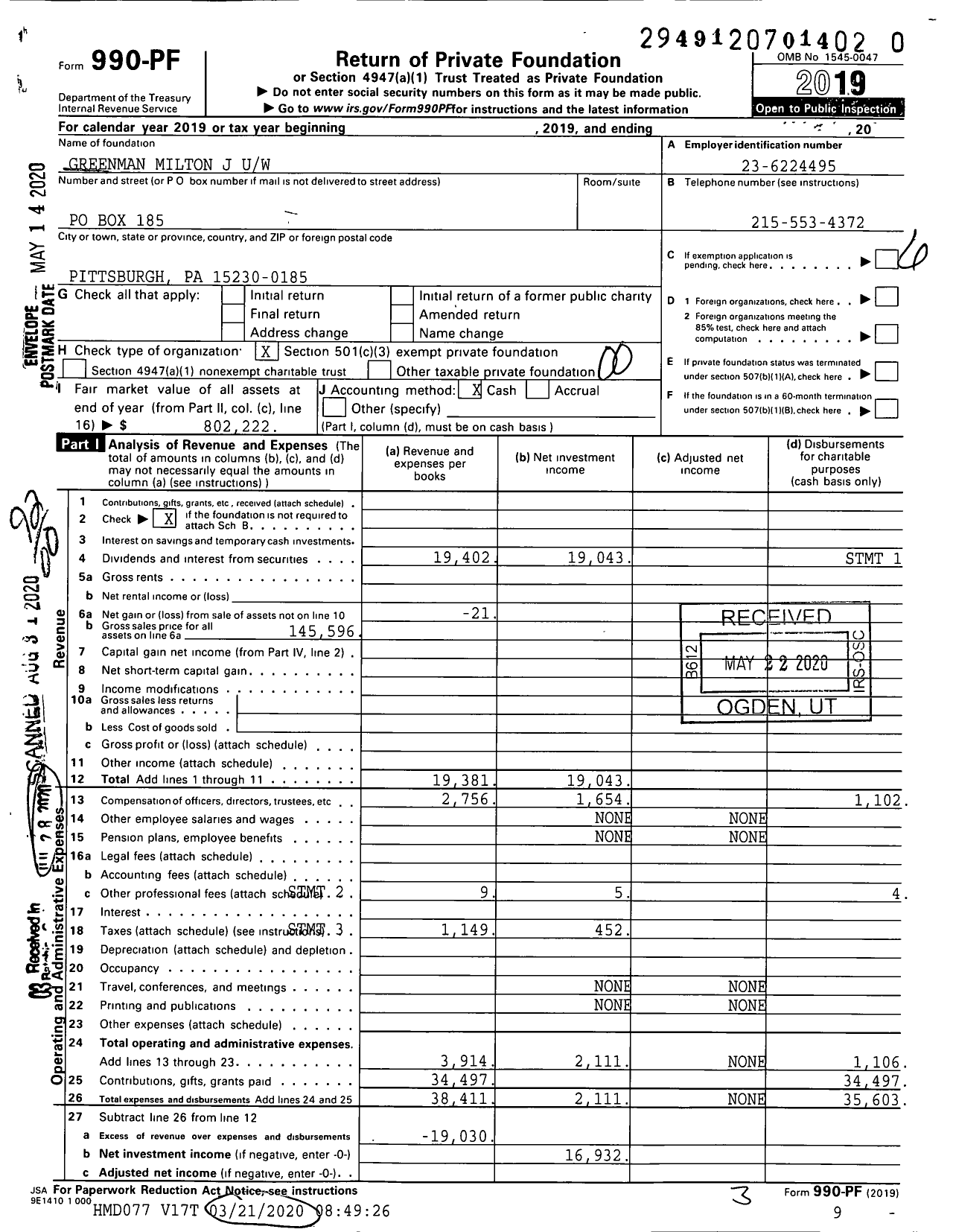 Image of first page of 2019 Form 990PR for Greenman Milton J Uw