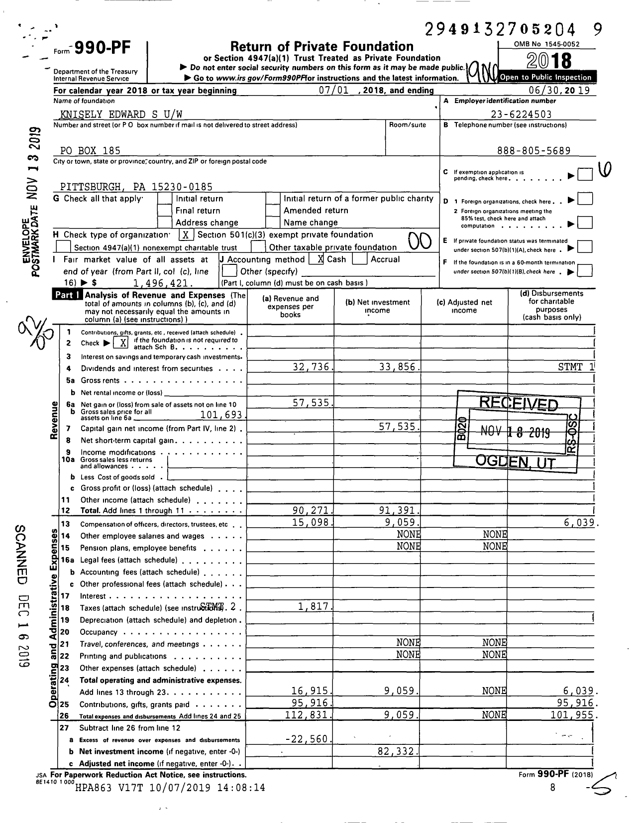 Image of first page of 2018 Form 990PF for Knisely Edward S Uw