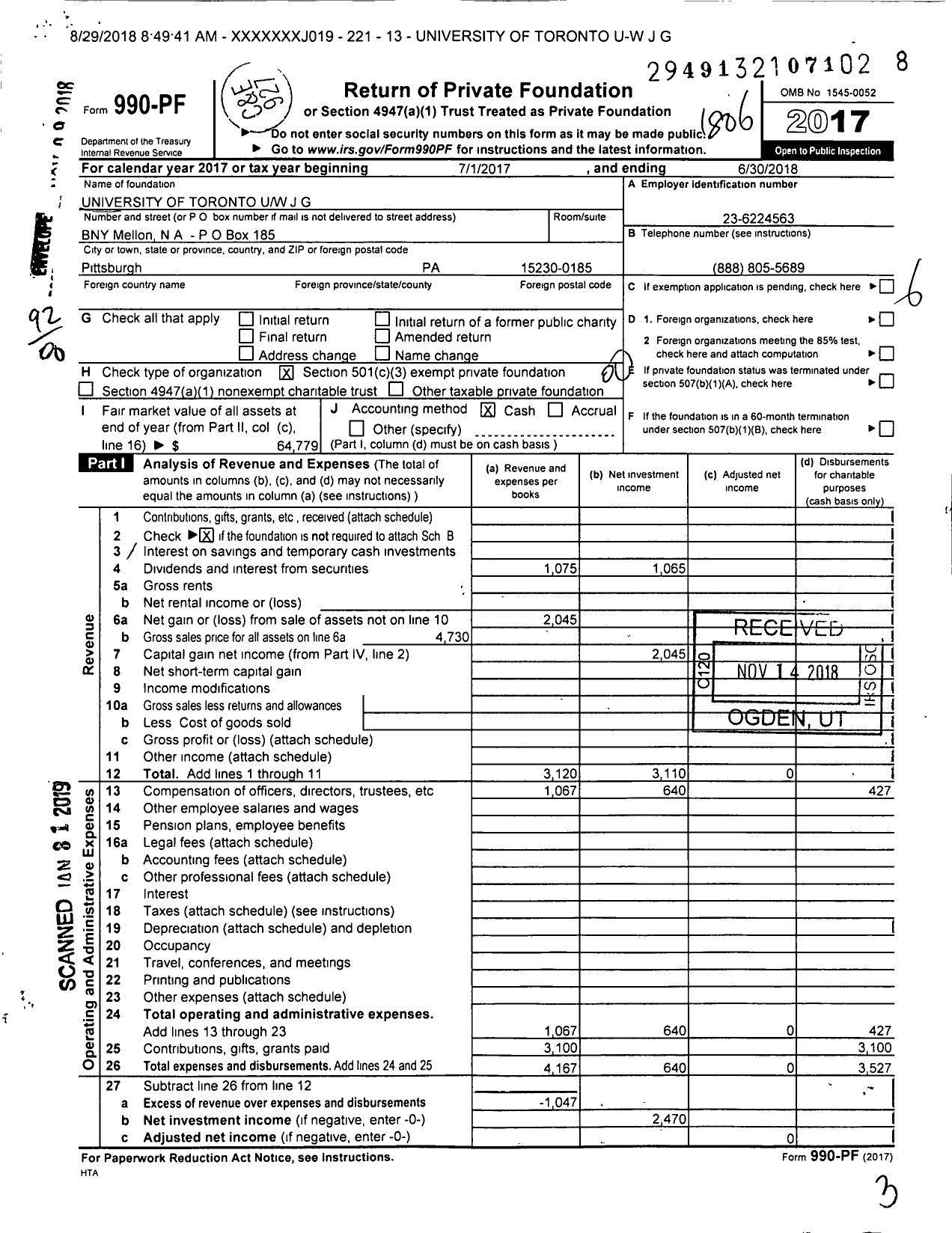 Image of first page of 2017 Form 990PF for University of Toronto Uw J G