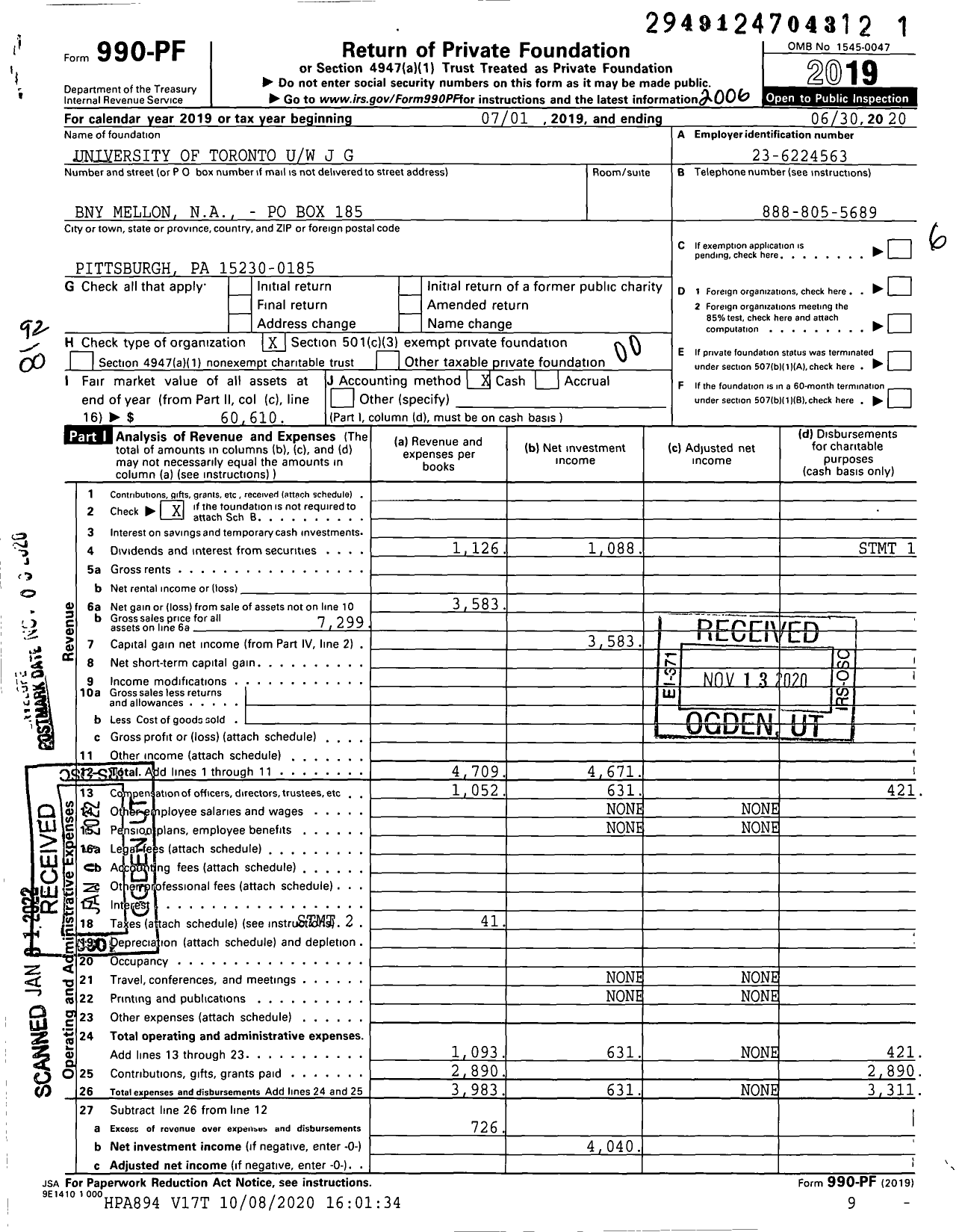 Image of first page of 2019 Form 990PF for University of Toronto Uw J G