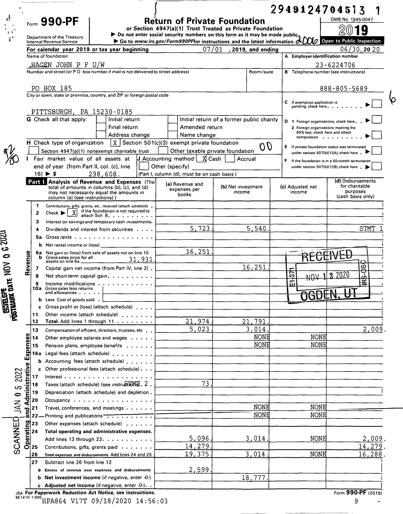 Image of first page of 2019 Form 990PF for Hagen John P F Uw