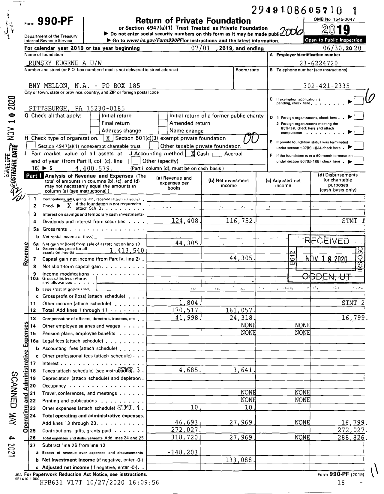 Image of first page of 2019 Form 990PF for Rumsey Eugene A Uw