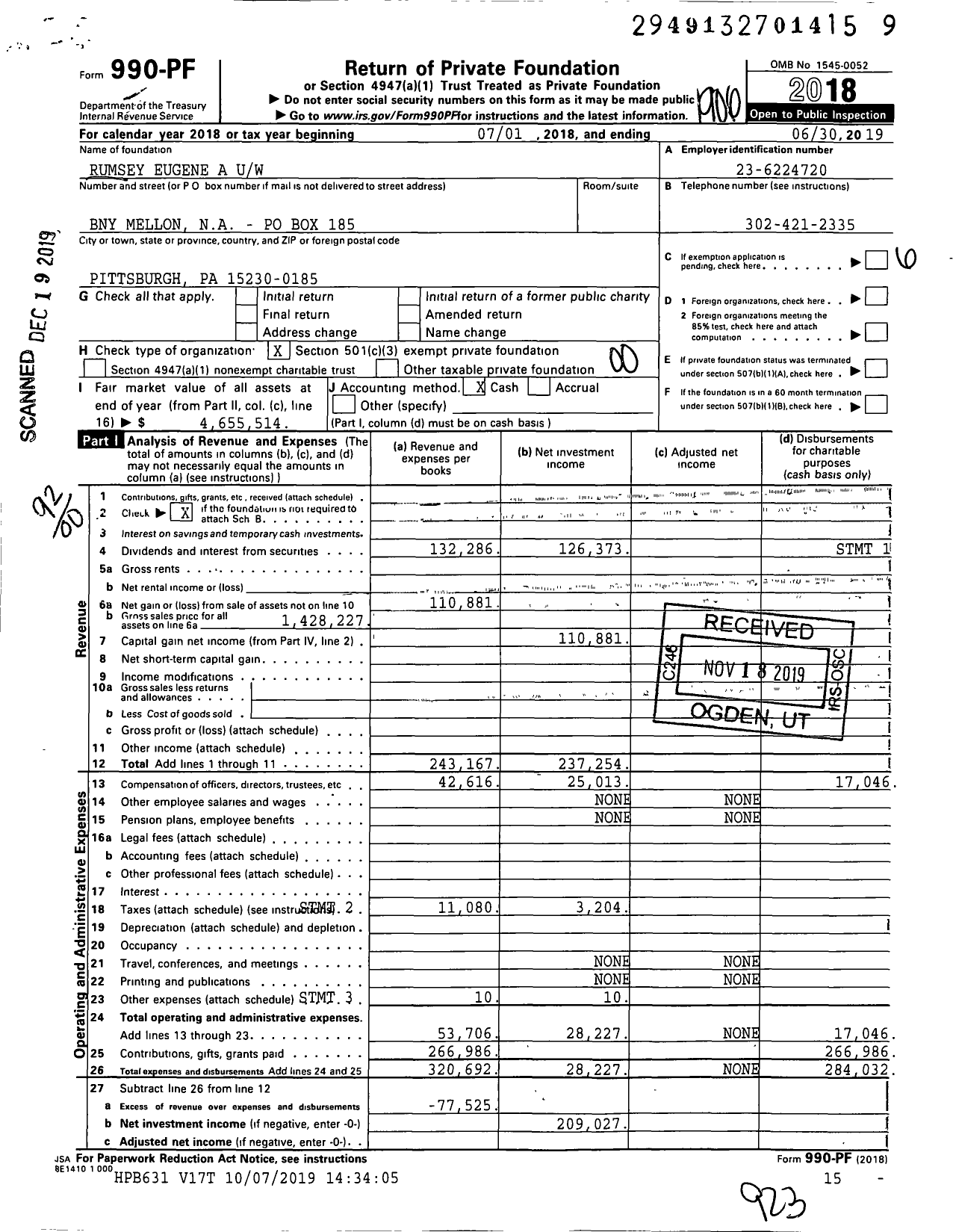 Image of first page of 2018 Form 990PF for Rumsey Eugene A Uw