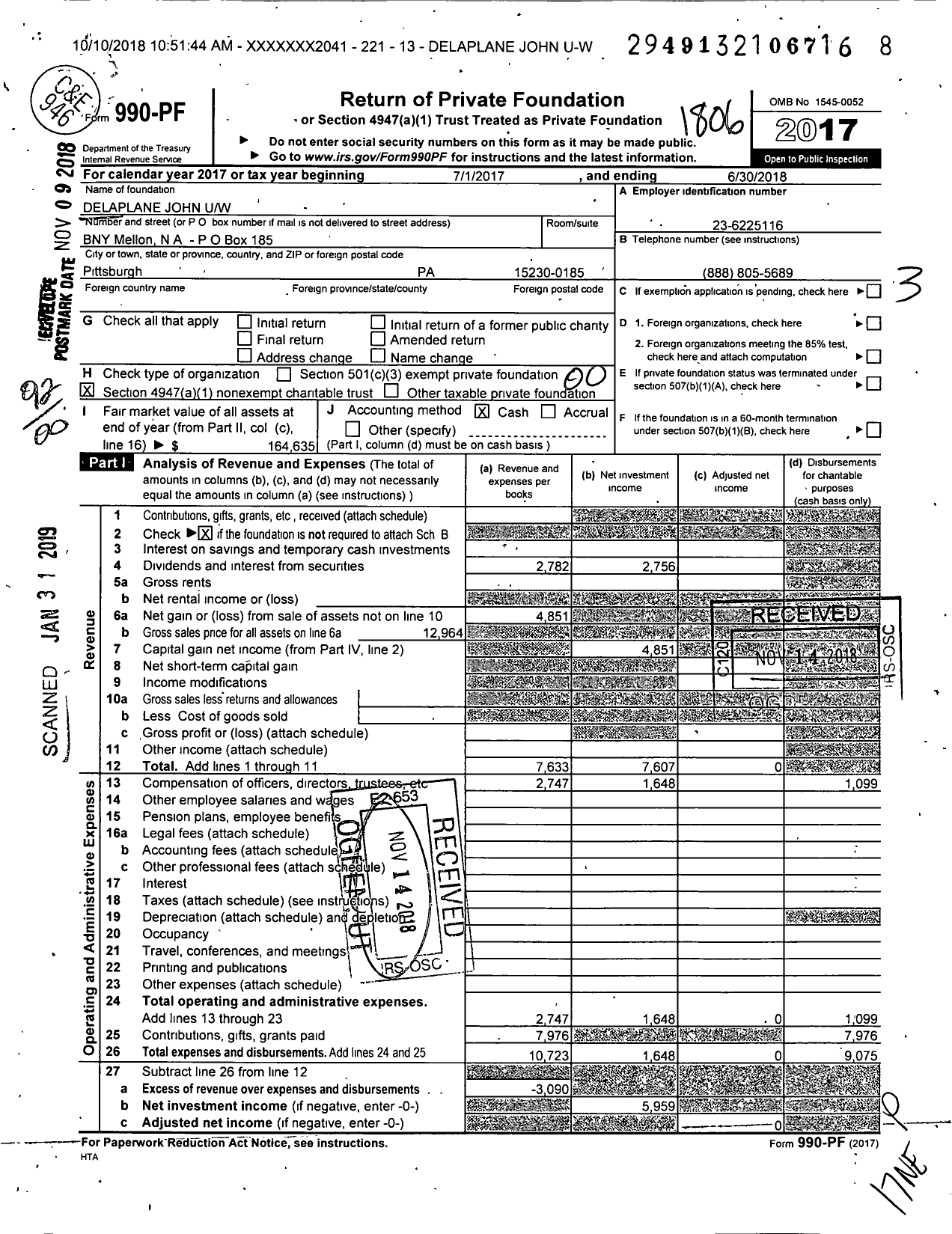 Image of first page of 2017 Form 990PF for Delaplane John Uw