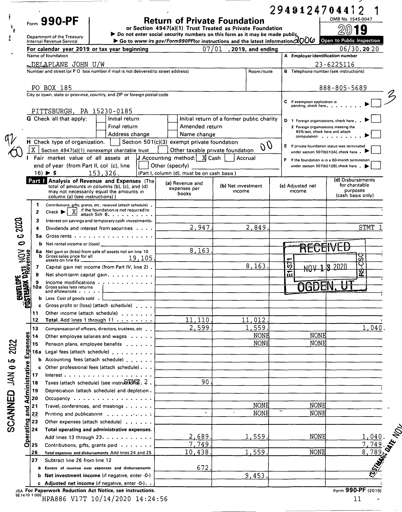 Image of first page of 2019 Form 990PF for Delaplane John Uw