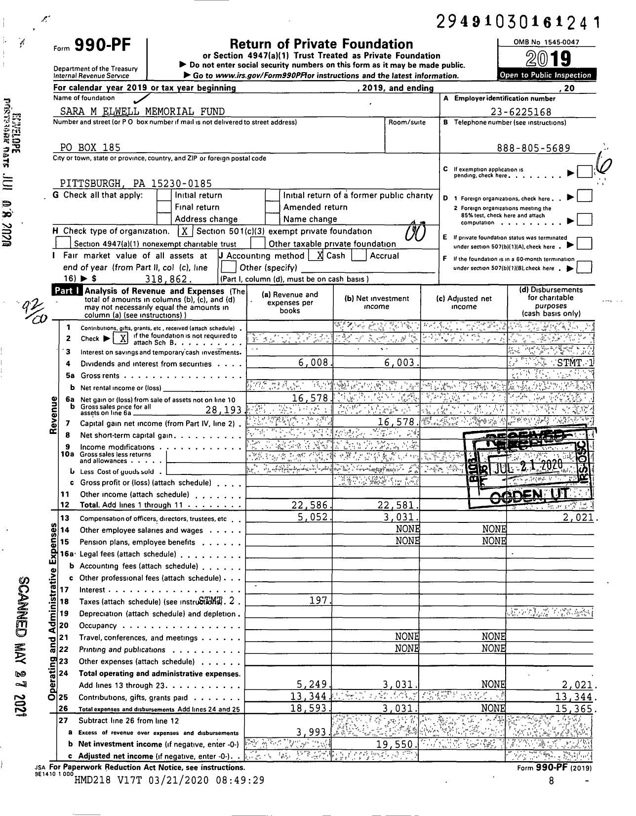 Image of first page of 2019 Form 990PF for Sara M Elwell Memorial Fund