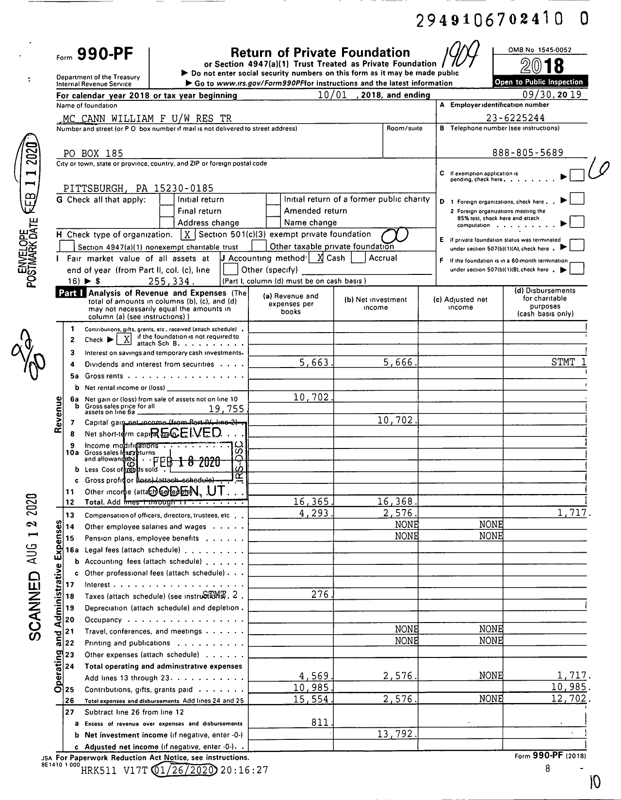 Image of first page of 2018 Form 990PR for MC Cann William F Uw Res Trust