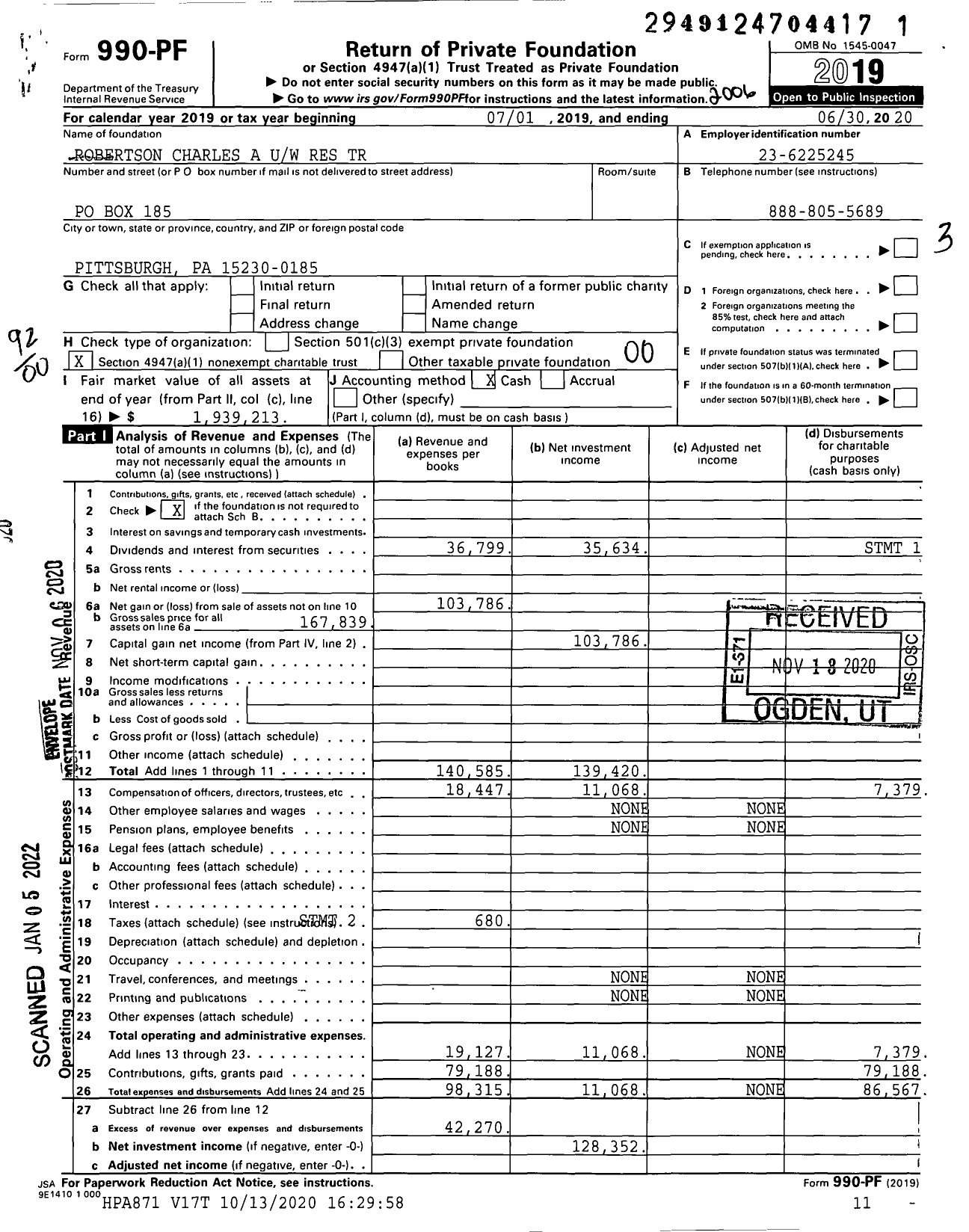 Image of first page of 2019 Form 990PF for Robertson Charles A Uw Res Trust